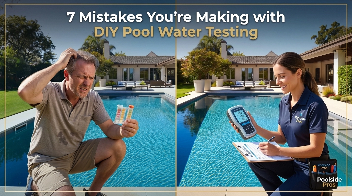 A hero image for a blog post titled '7 Mistakes You’re Making with DIY Pool Water Testing'. The image shows a side-by-side comparison. On one side, a frustrated homeowner in a sunny Walnut Creek backyard is holding a pool test strip and squinting at a color chart with confusion. On the other side, a professional pool technician from Poolside Pros is using a high-tech digital water testing device by a crystal-clear, luxury swimming pool.