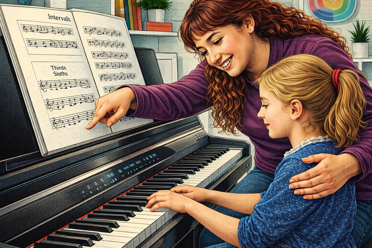 A colorful lithograph-style engraving of a one-on-one piano lesson, showing focused mentorship and personalized coaching.