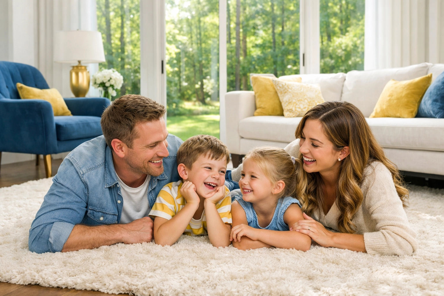 A happy family relaxing in a spotless living room after a professional house deep cleaning Lincoln and Carlisle.