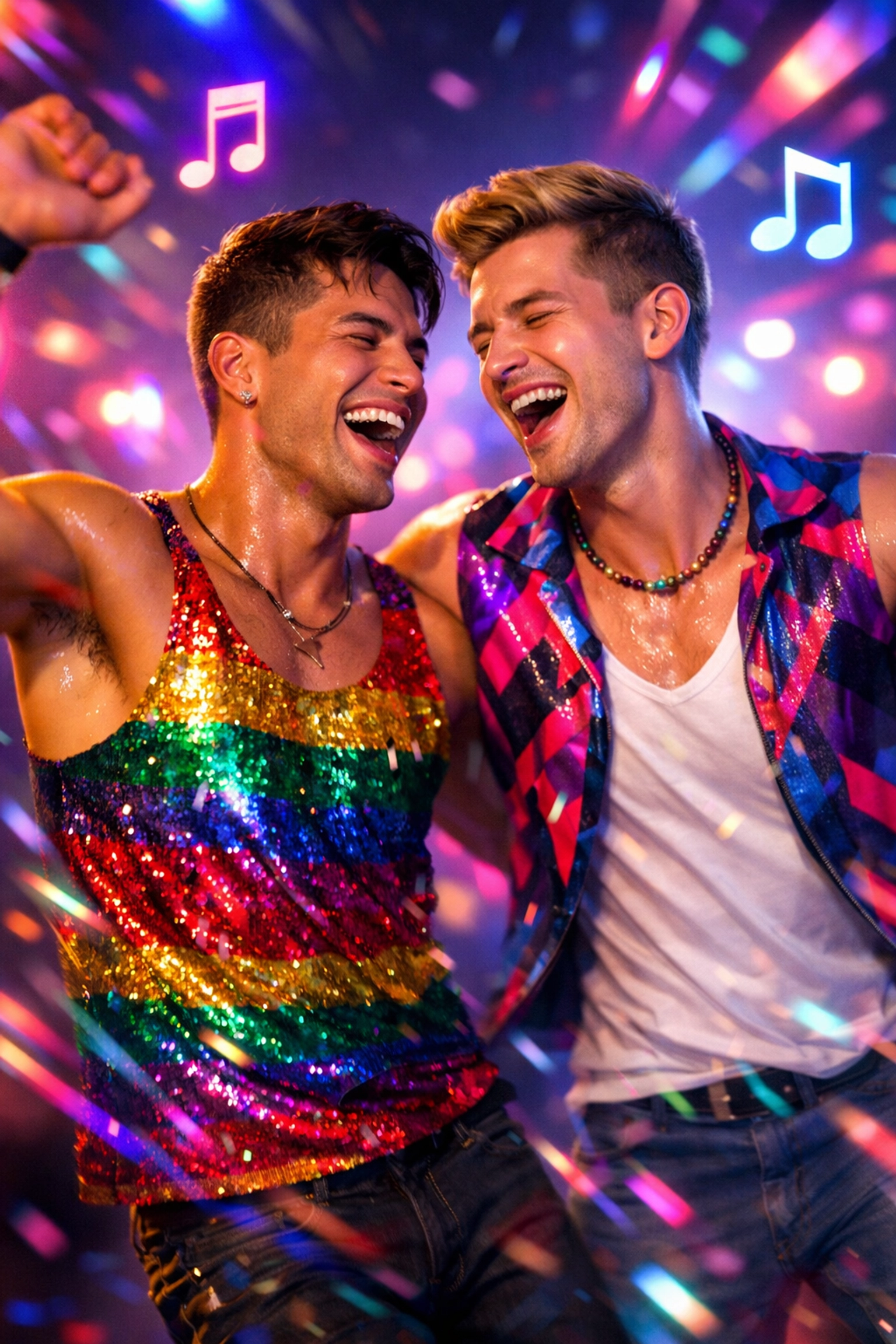 Two men dancing together at LGBTQ+ club celebrating Eurovision gay anthem