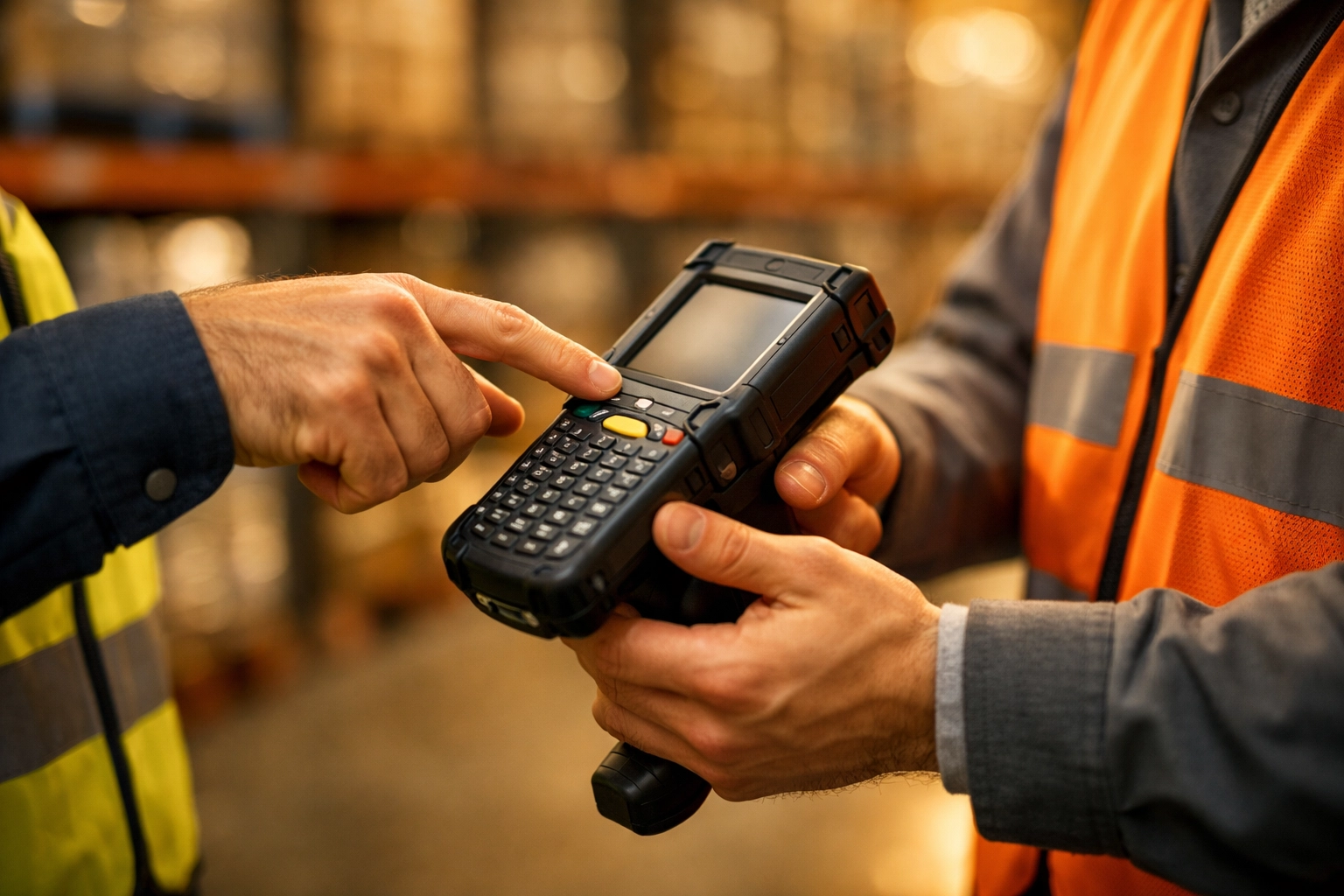 Supervisor training a new hire on an inventory scanner for efficient warehouse onboarding.