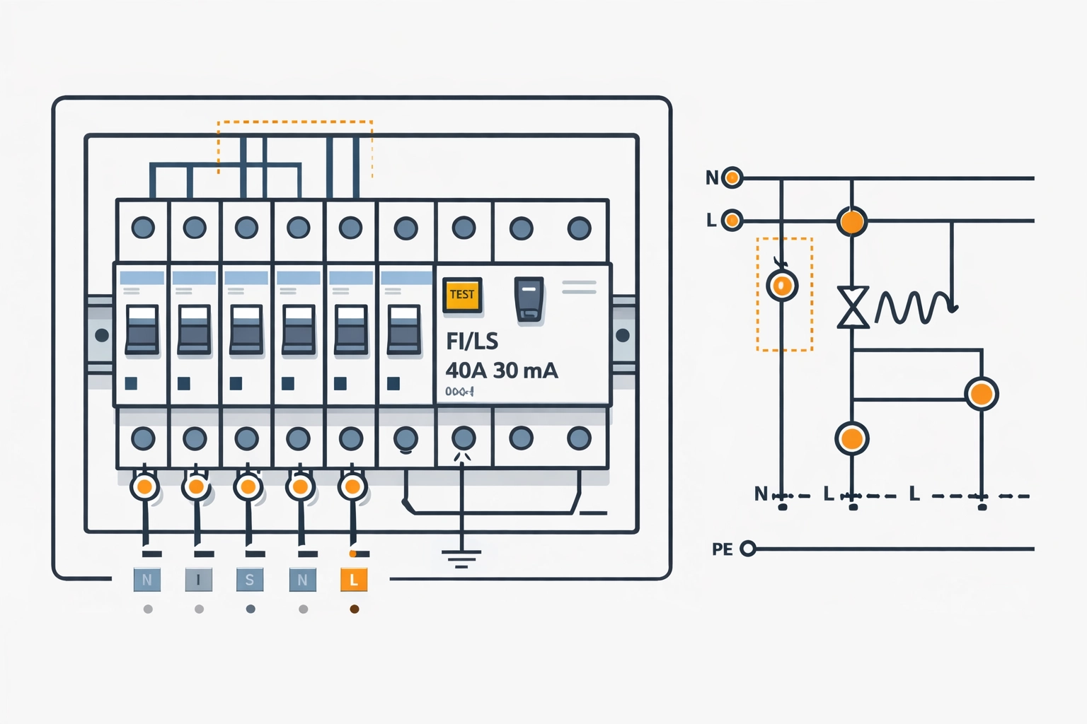 Illustration: Verteiler-/Sicherungskasten (FI/LS) als technische Vektor-Grafik mit Prüfmarkierungen