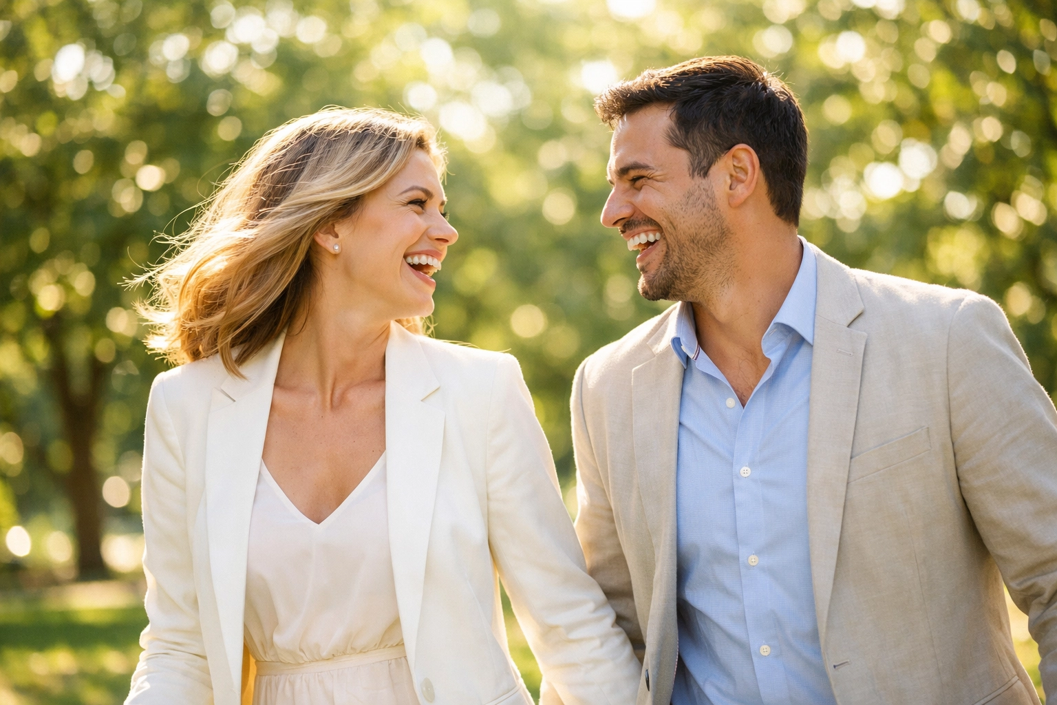 A joyful couple enjoying a stress-free walk, representing financial freedom after a debt-free wedding.