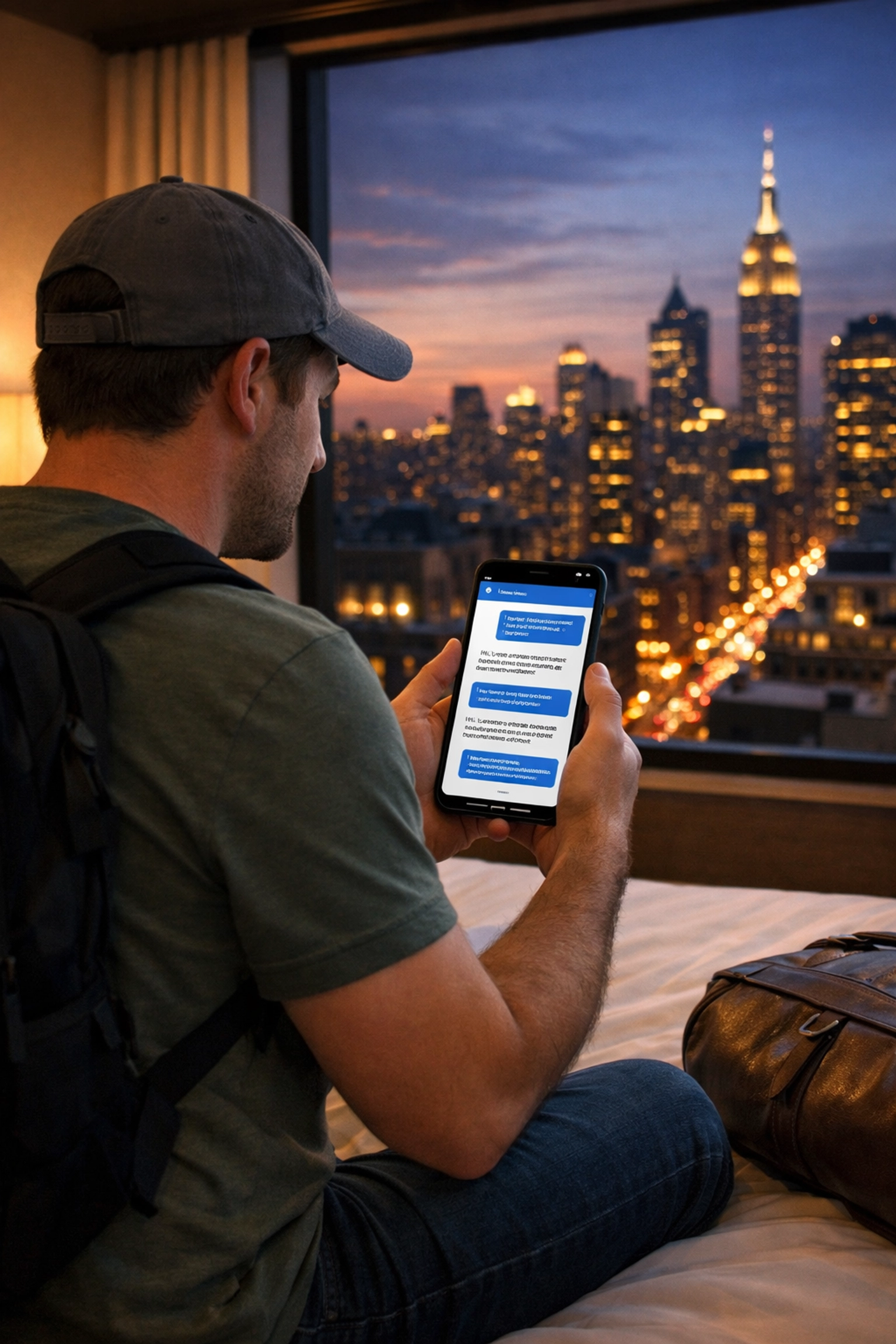 A traveler in a US hotel using secure medical messaging to consult an online doctor without an appointment.