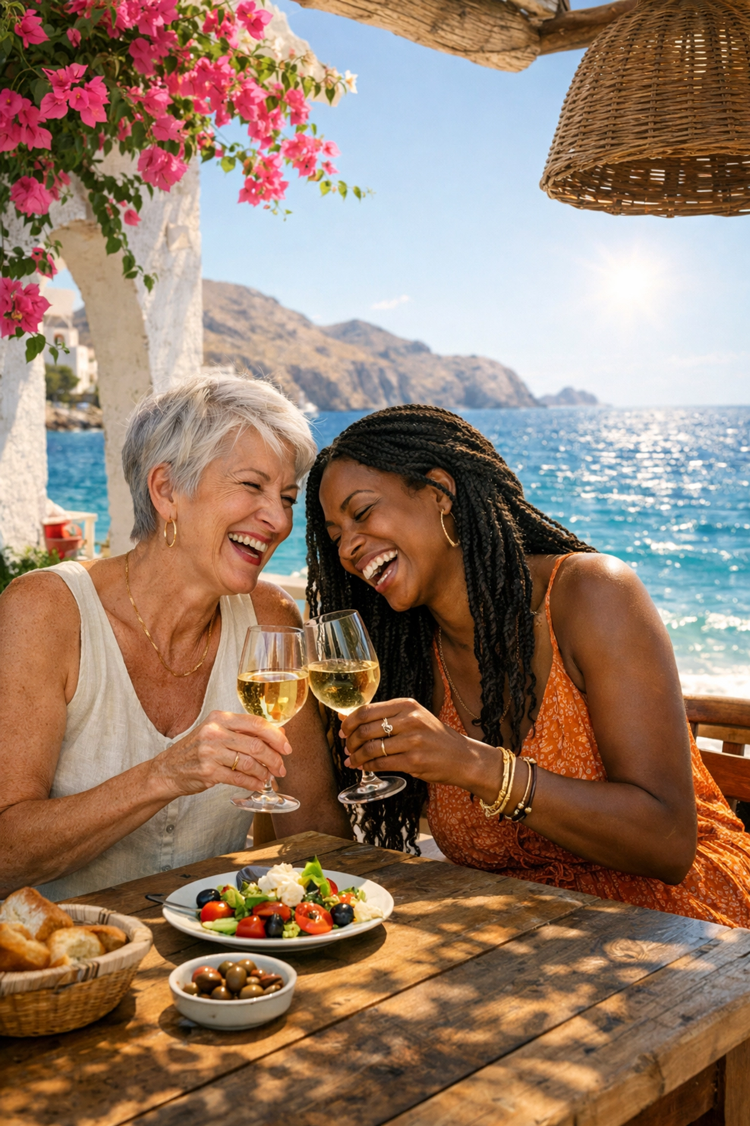 Queer women of different generations laughing at a Greek taverna in Lesbos during a sapphic travel adventure.