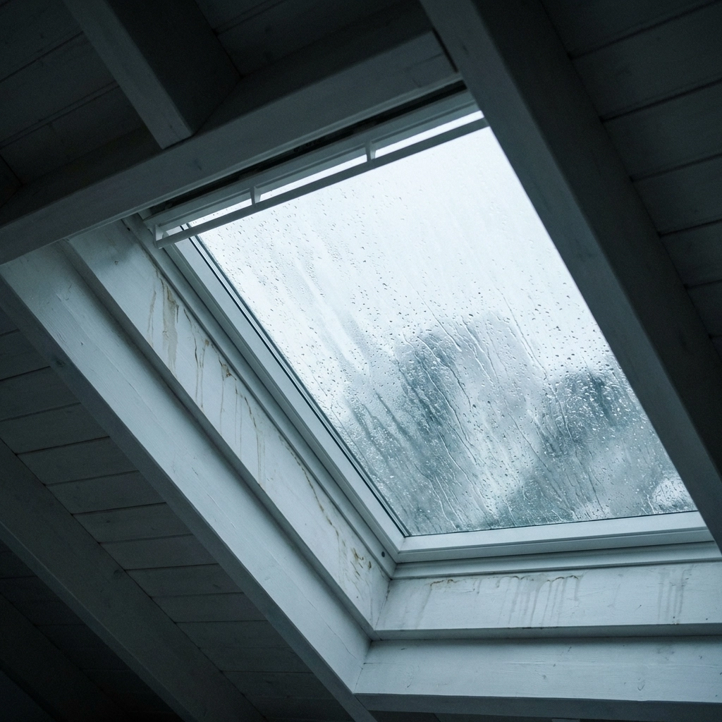 Skylight window in attic with rain and condensation showing signs of potential roof leaks in a home.