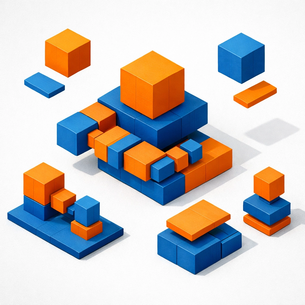 Modular building blocks illustrating scalable brand system and visual identity framework