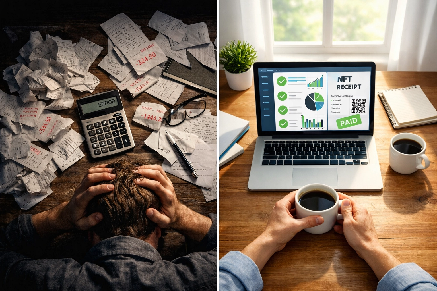 Comparison of traditional payment processing chaos versus Larecoin's streamlined NFT receipt dashboard