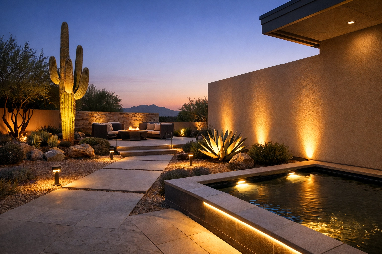 Elegant outdoor smart lighting and landscape illumination for a luxury Scottsdale patio at dusk.