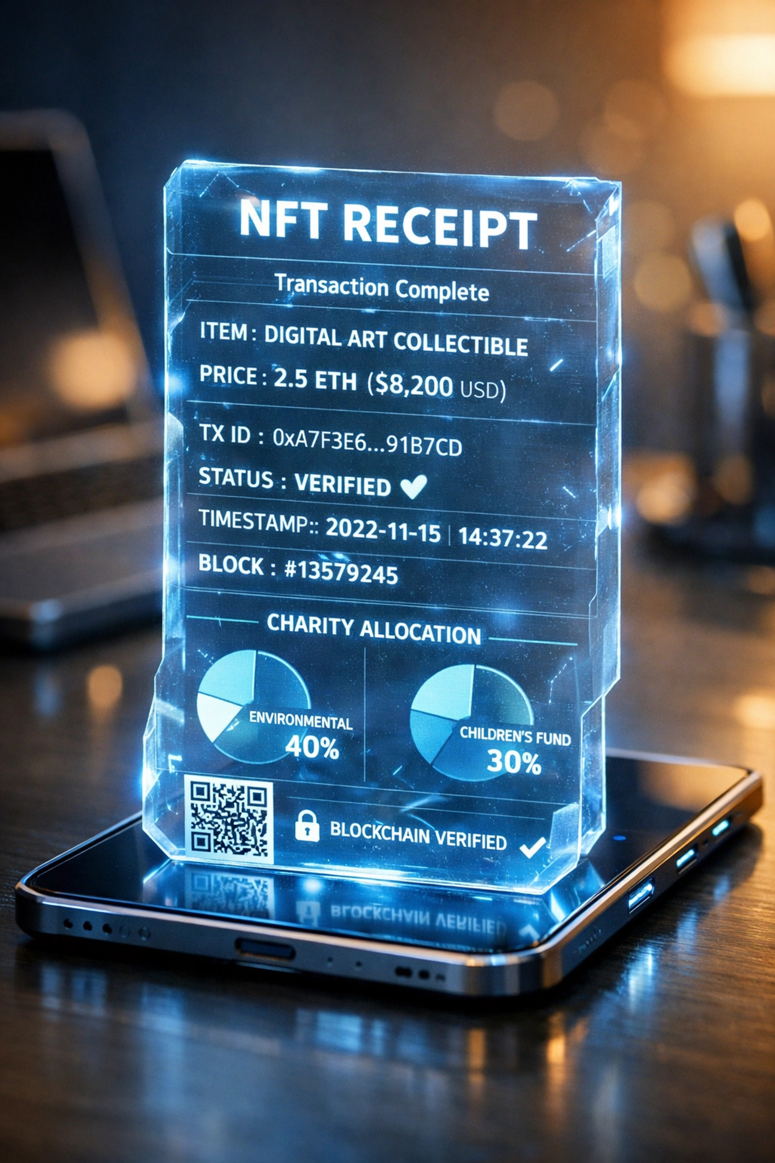 NFT receipt showing transaction details and charity contribution breakdown