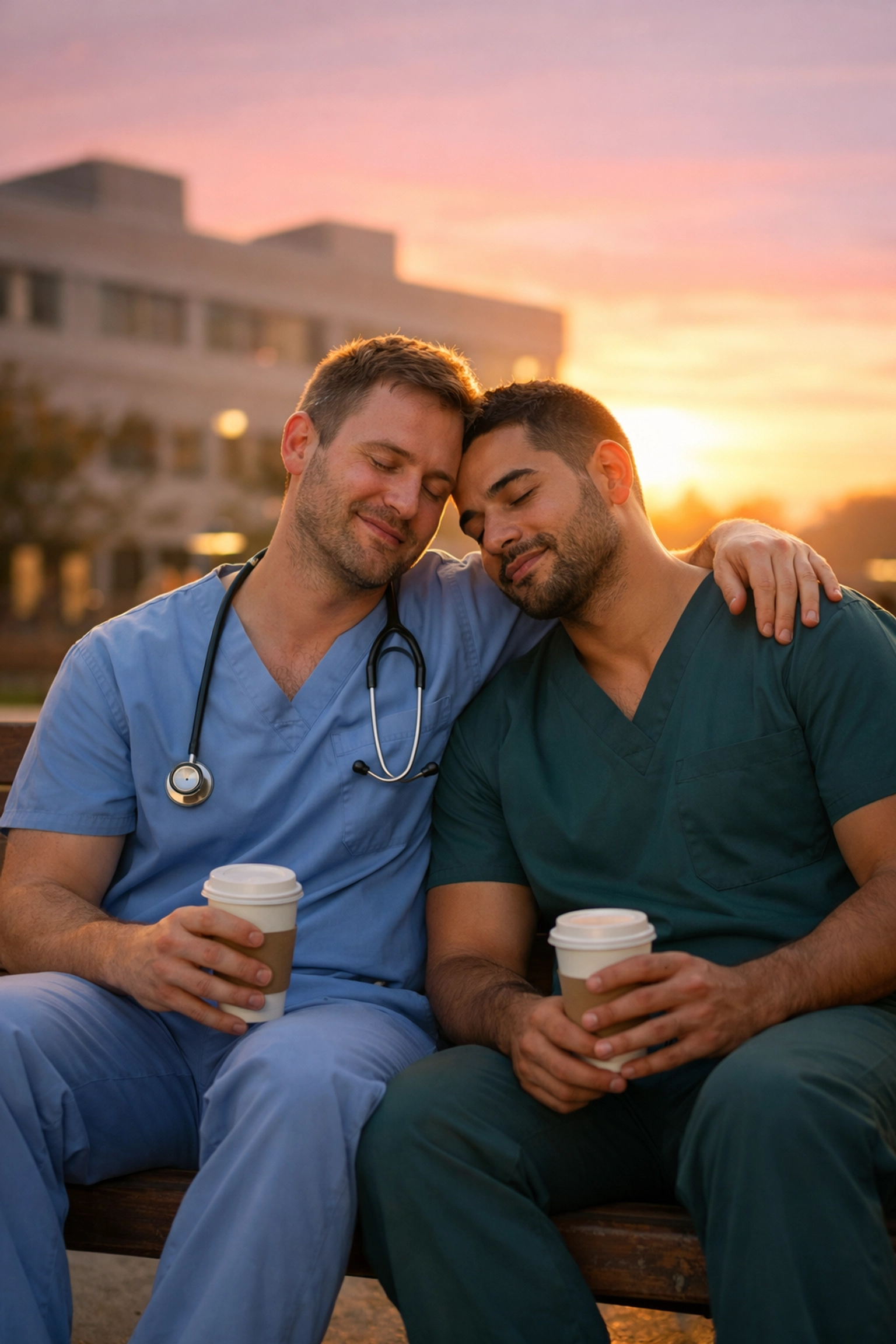 Two male medical workers sharing a tender moment at sunrise, reflecting the heart of a hospital MM romance.