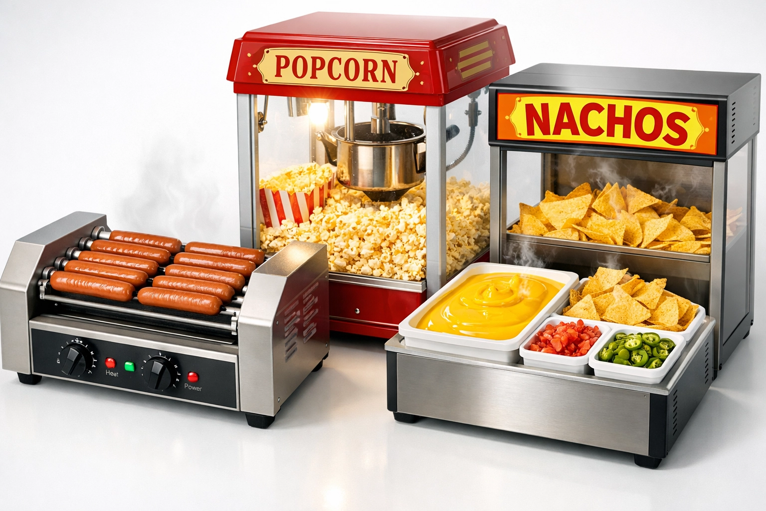 Hot dog roller, popcorn machine, and nacho warmer rental equipment for game day parties