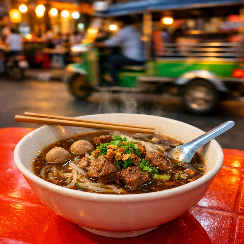 Authentic Bangkok beef noodle soup on a red street table, a perfect example of cheap eats.