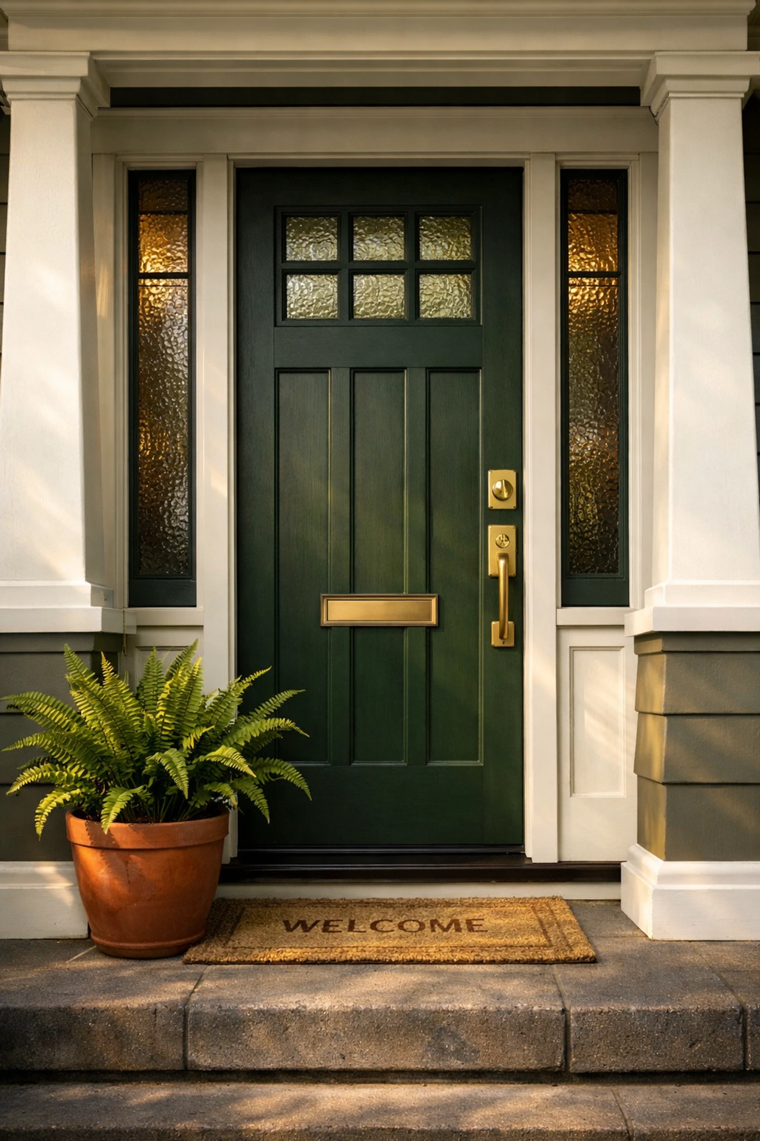 Craftsman-style front door and porch entry in the Irvington neighborhood, Portland Oregon