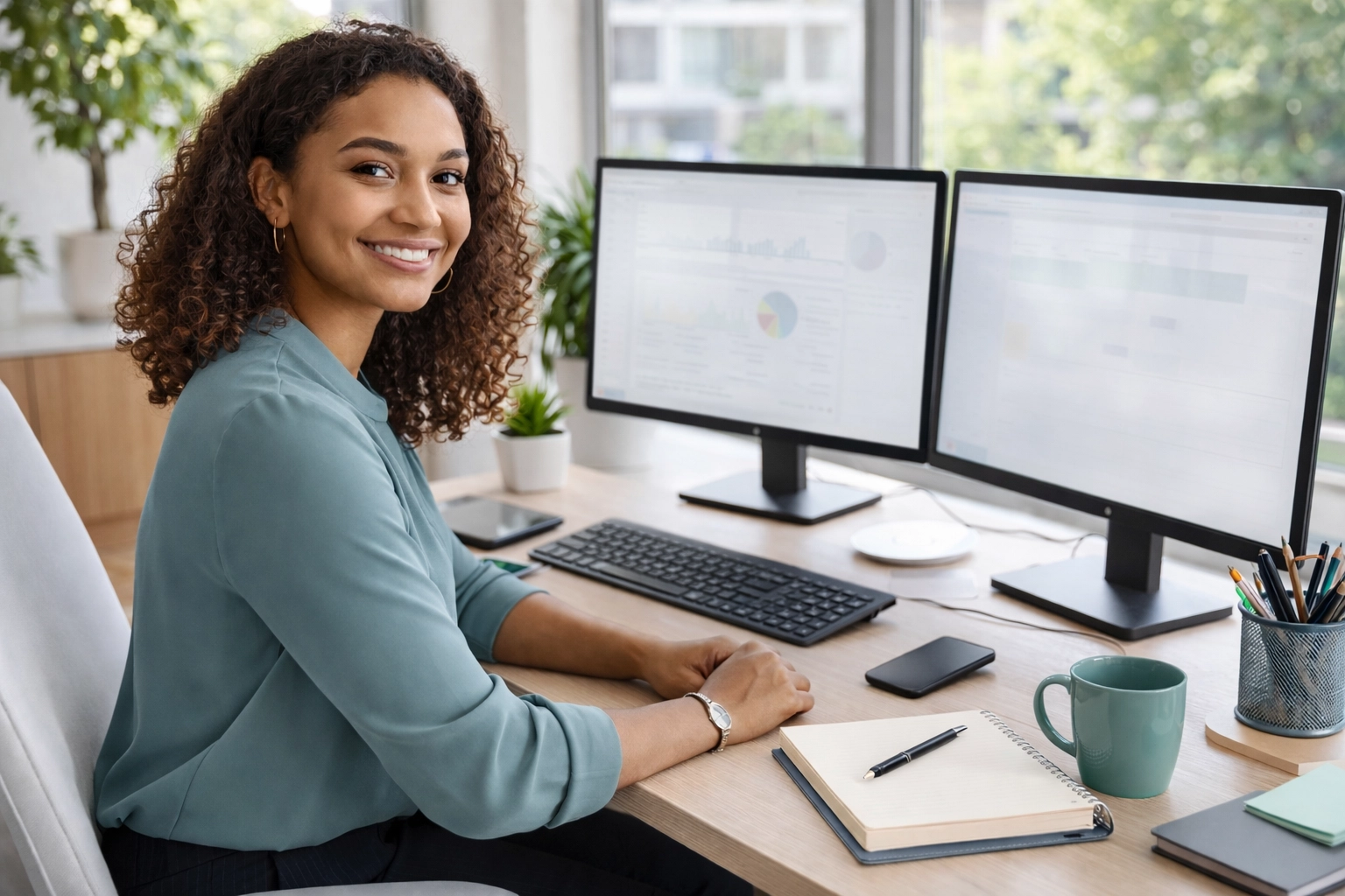 A confident administrative professional uses dual monitors and AI-powered dashboards in a modern office to improve productivity.