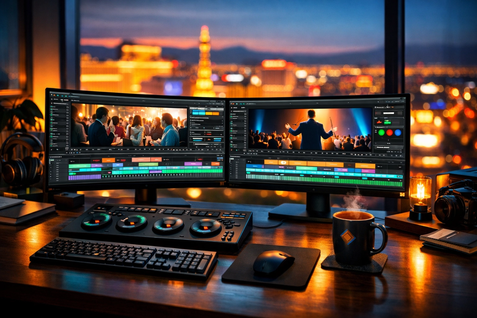 Video editor workspace creating a corporate sizzle reel for conference videography services.