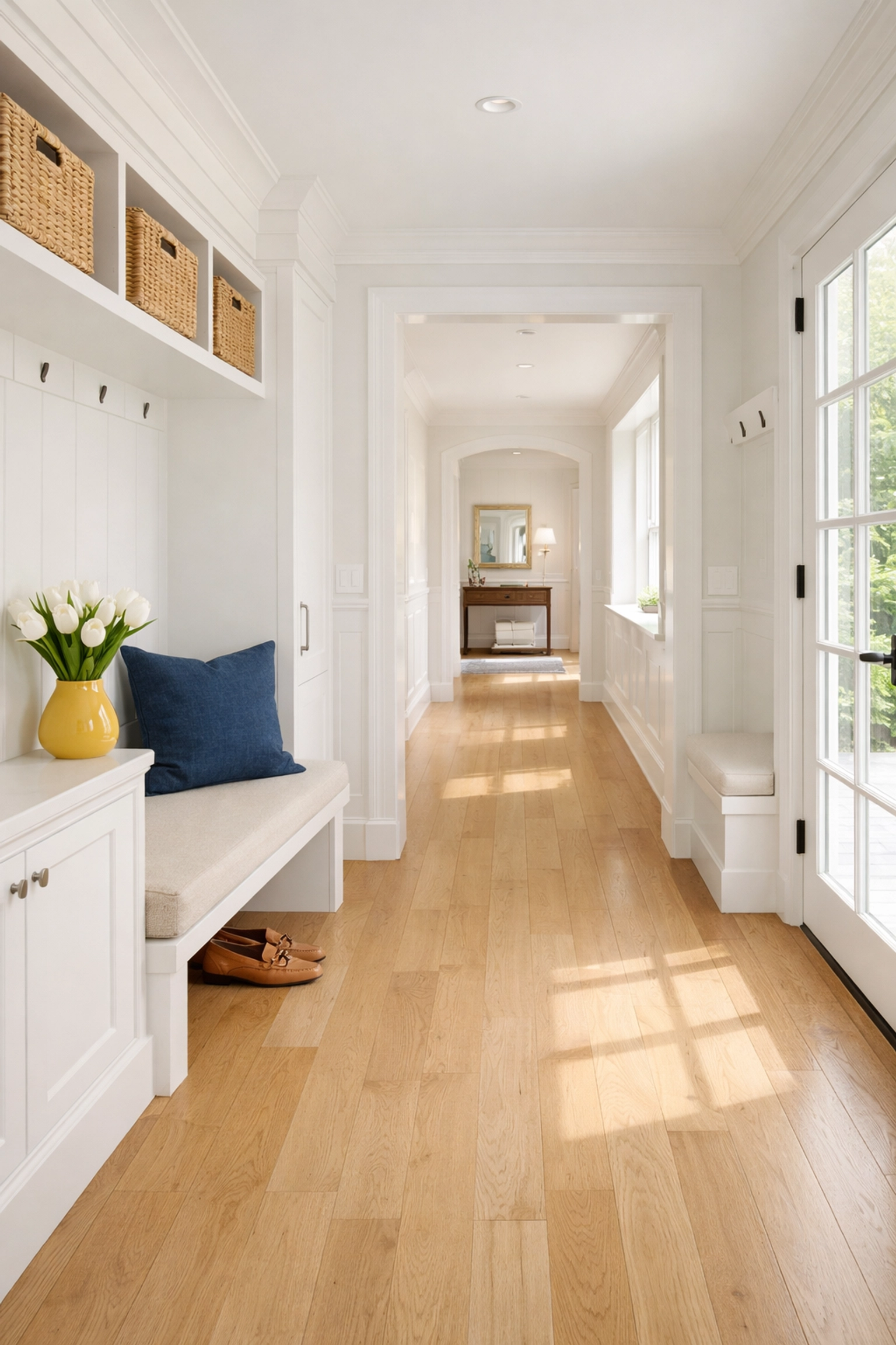Clean and decluttered mudroom in a Wellesley home prepared for deep cleaning services reset.