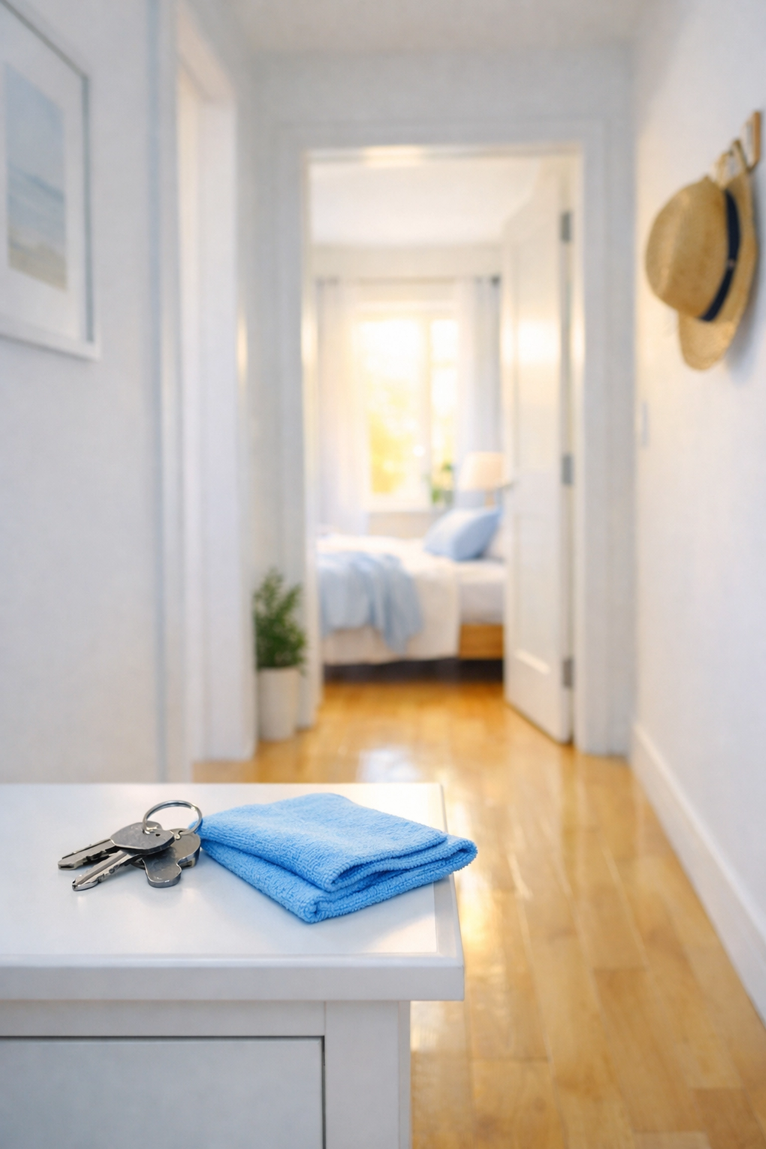 Bright hallway and apartment keys on a table, marking the end of a stress-free apartment cleaning in Boston.