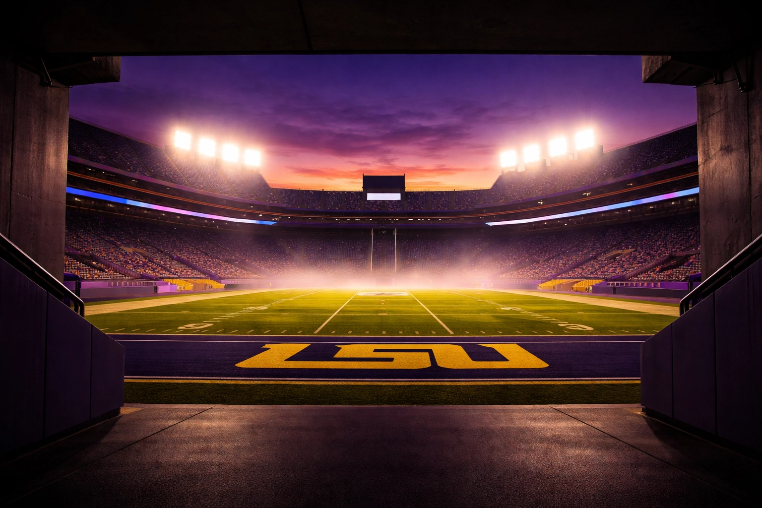 LSU football stadium at dusk glowing in purple and gold, highlighting the excitement of top transfer class arrivals.