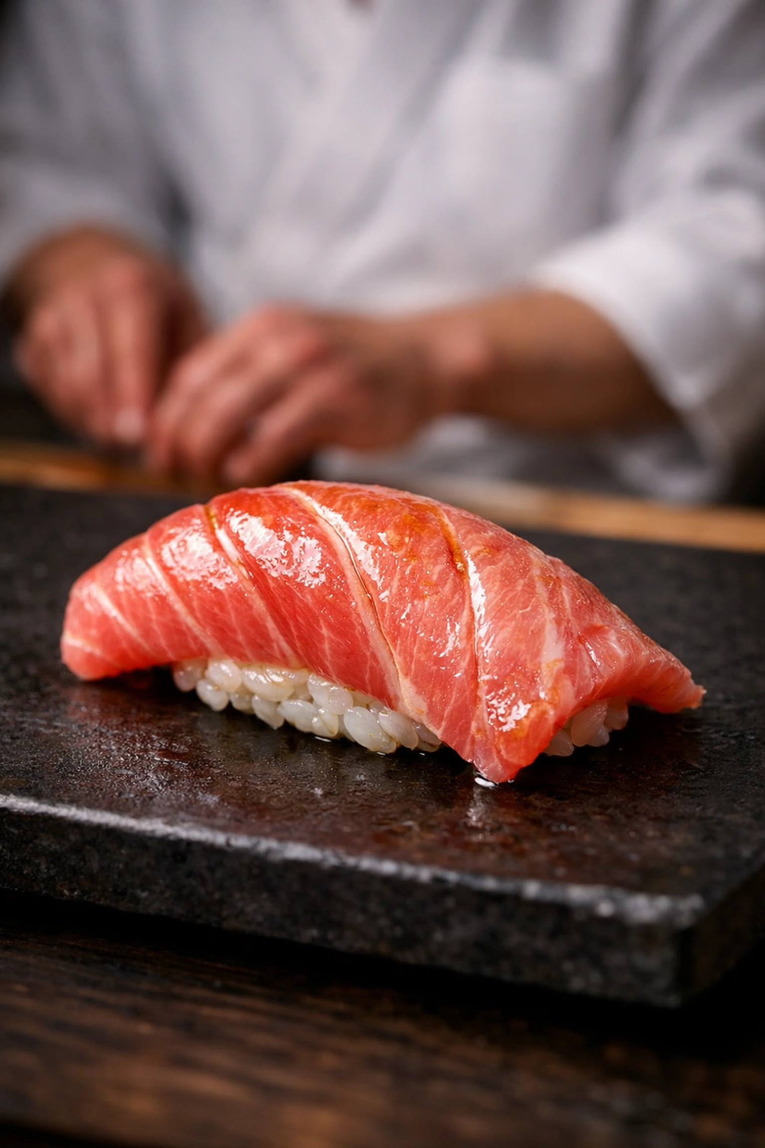 Fresh Otoro nigiri at a luxury Ginza sushi bar, one of the best photography locations for foodies.