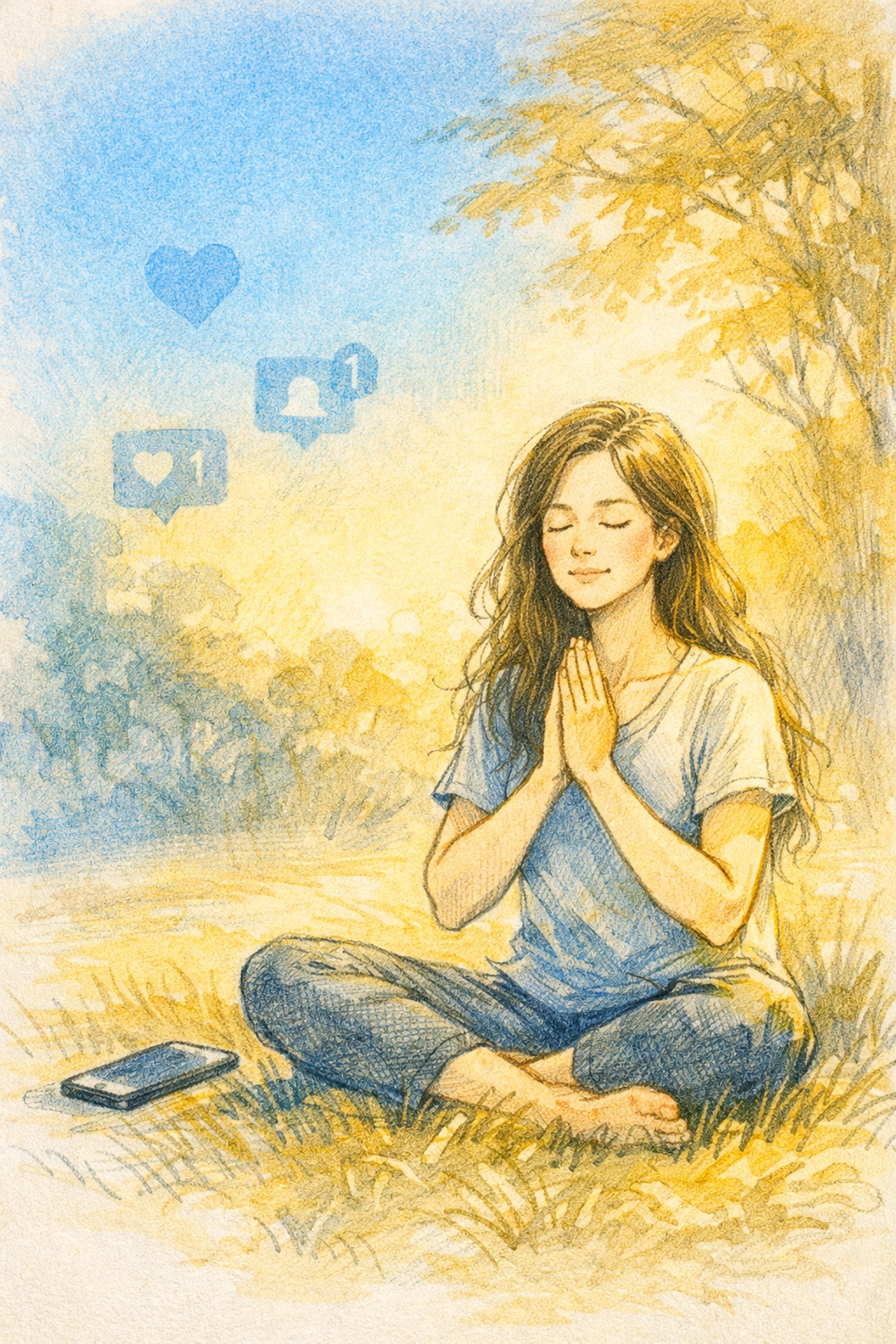 Woman in peaceful prayer outdoors with phone set aside, finding identity in Christ not social media