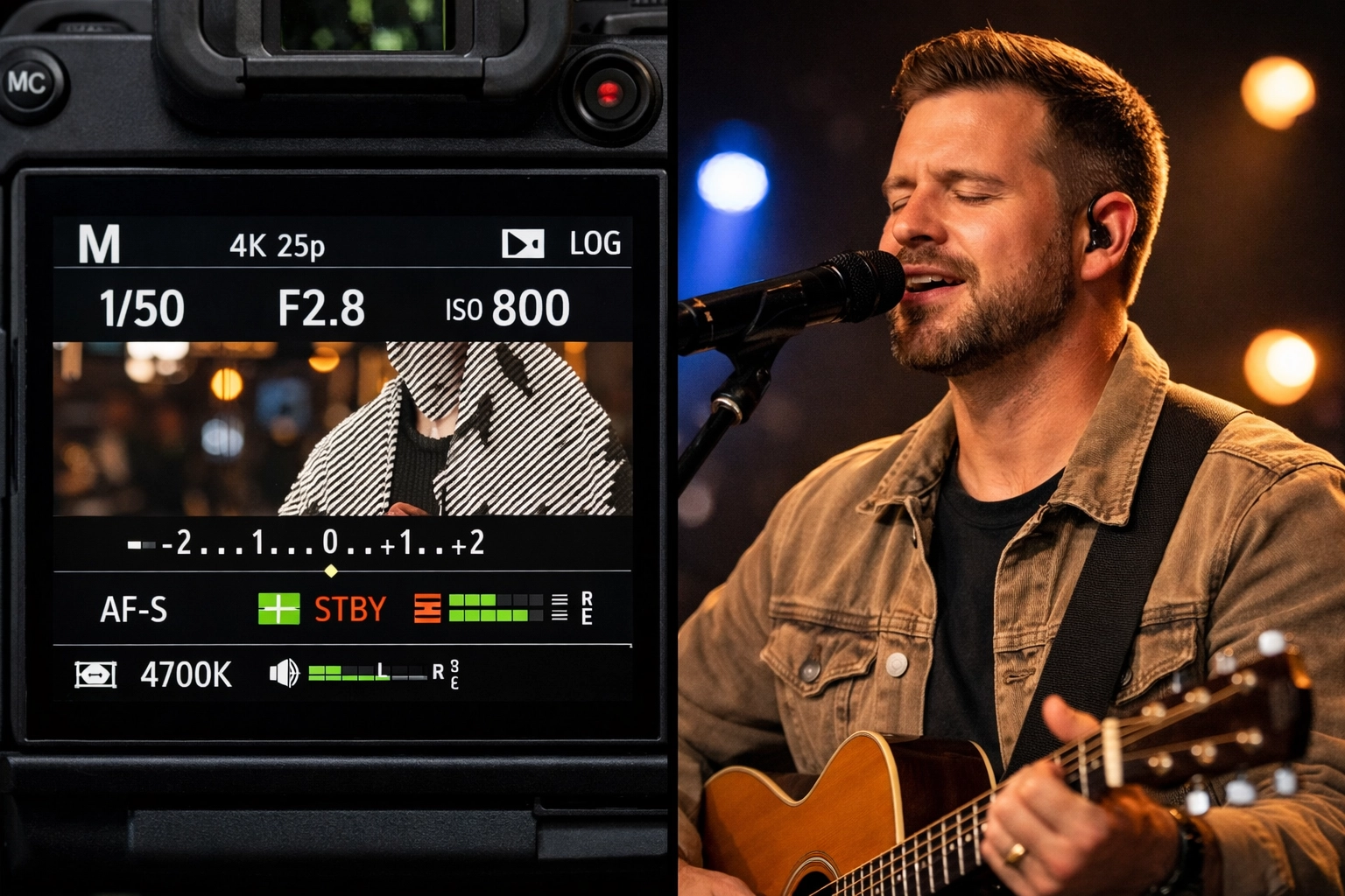 Camera LCD screen displaying manual exposure settings and zebra stripe warnings for video