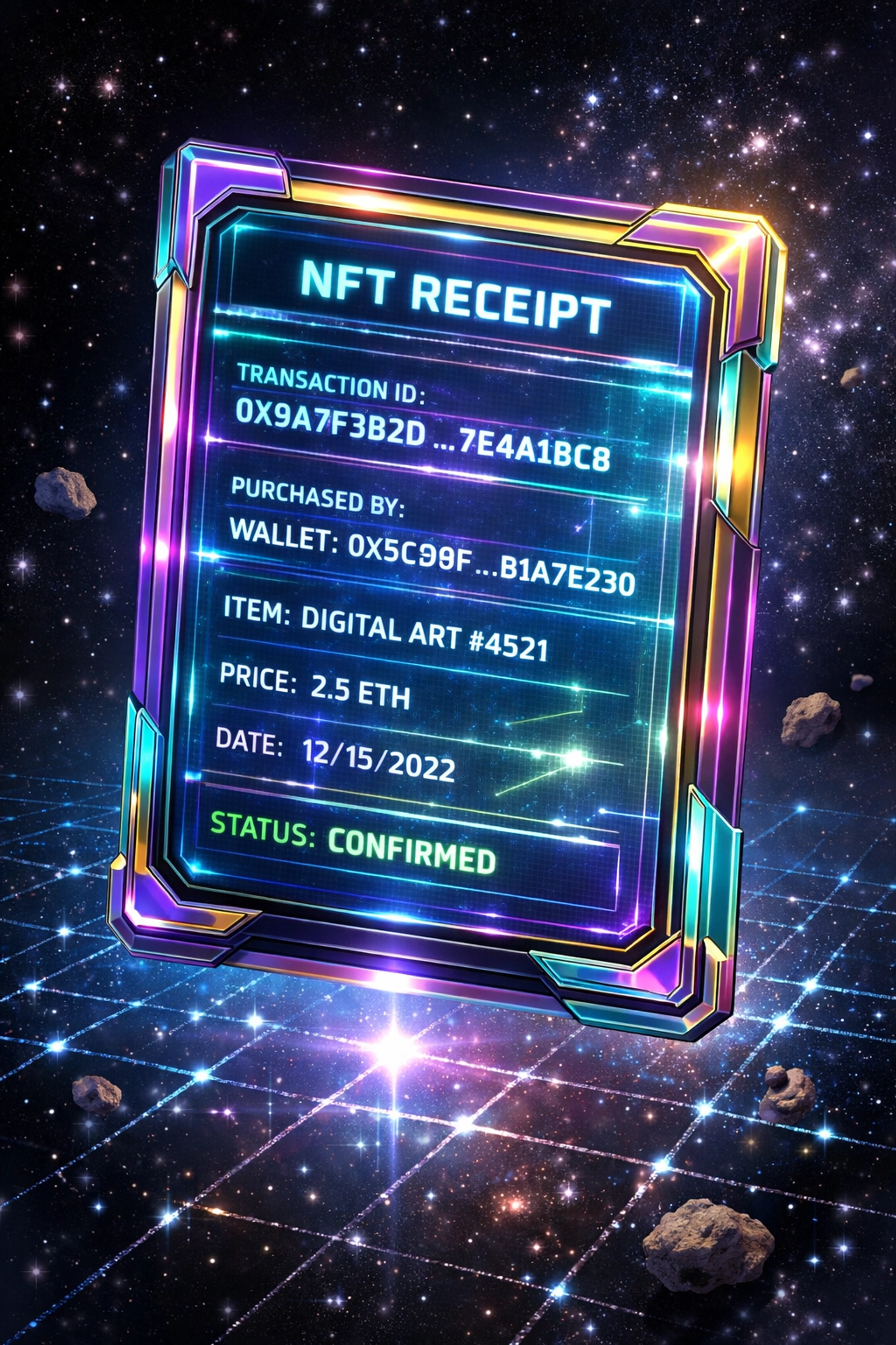 NFT receipt displaying blockchain transaction verification for crypto merchant payment