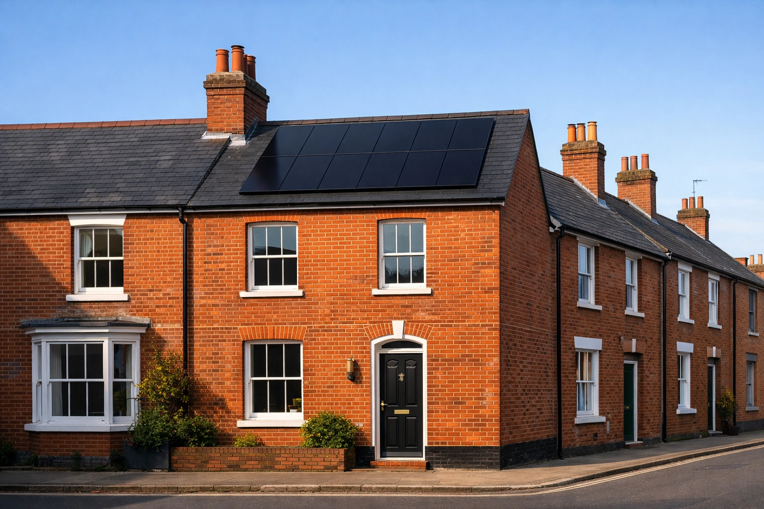 Black solar panels seamlessly integrated onto the roof of a classic red-brick house in Dorchester.