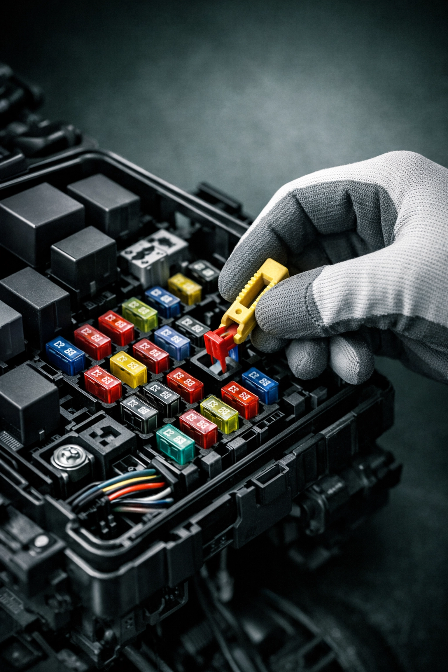 Technician performing auto electrical repair in Springdale AR by pulling a fuse from the fuse box.