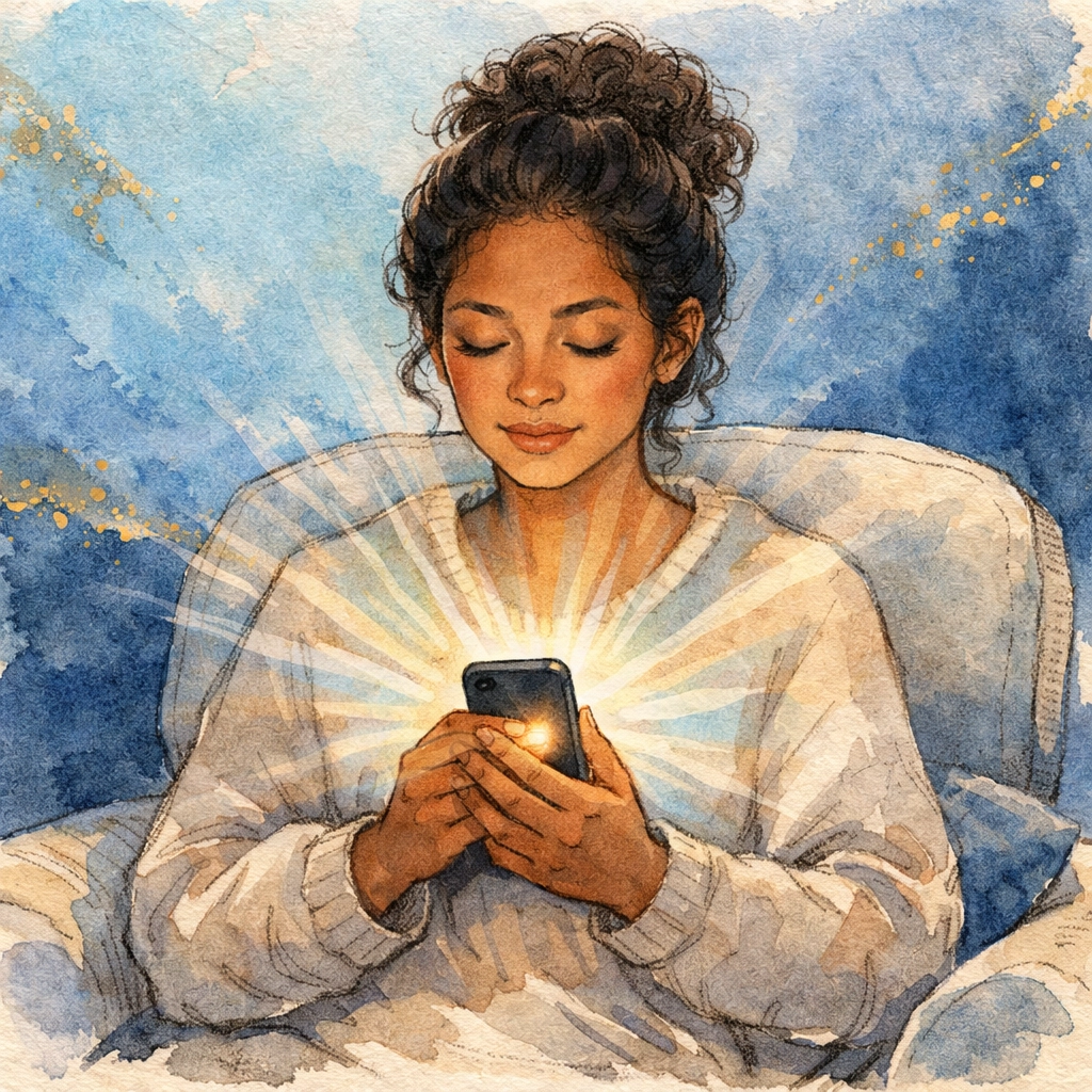 Person praying peacefully with smartphone, finding faith amid digital noise and social media chaos