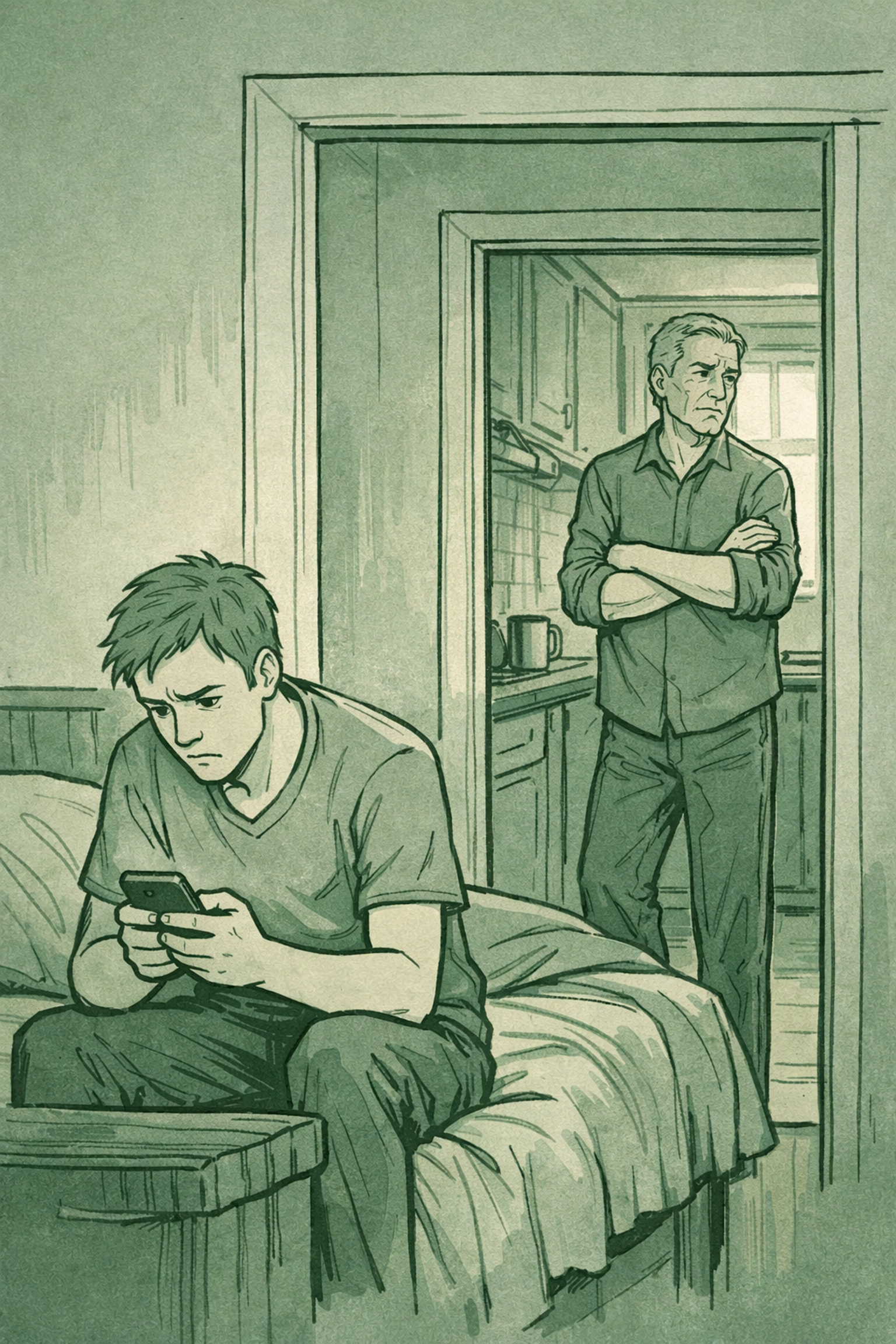 Step-father and step-son in separate rooms of blended family home, living closeted lives
