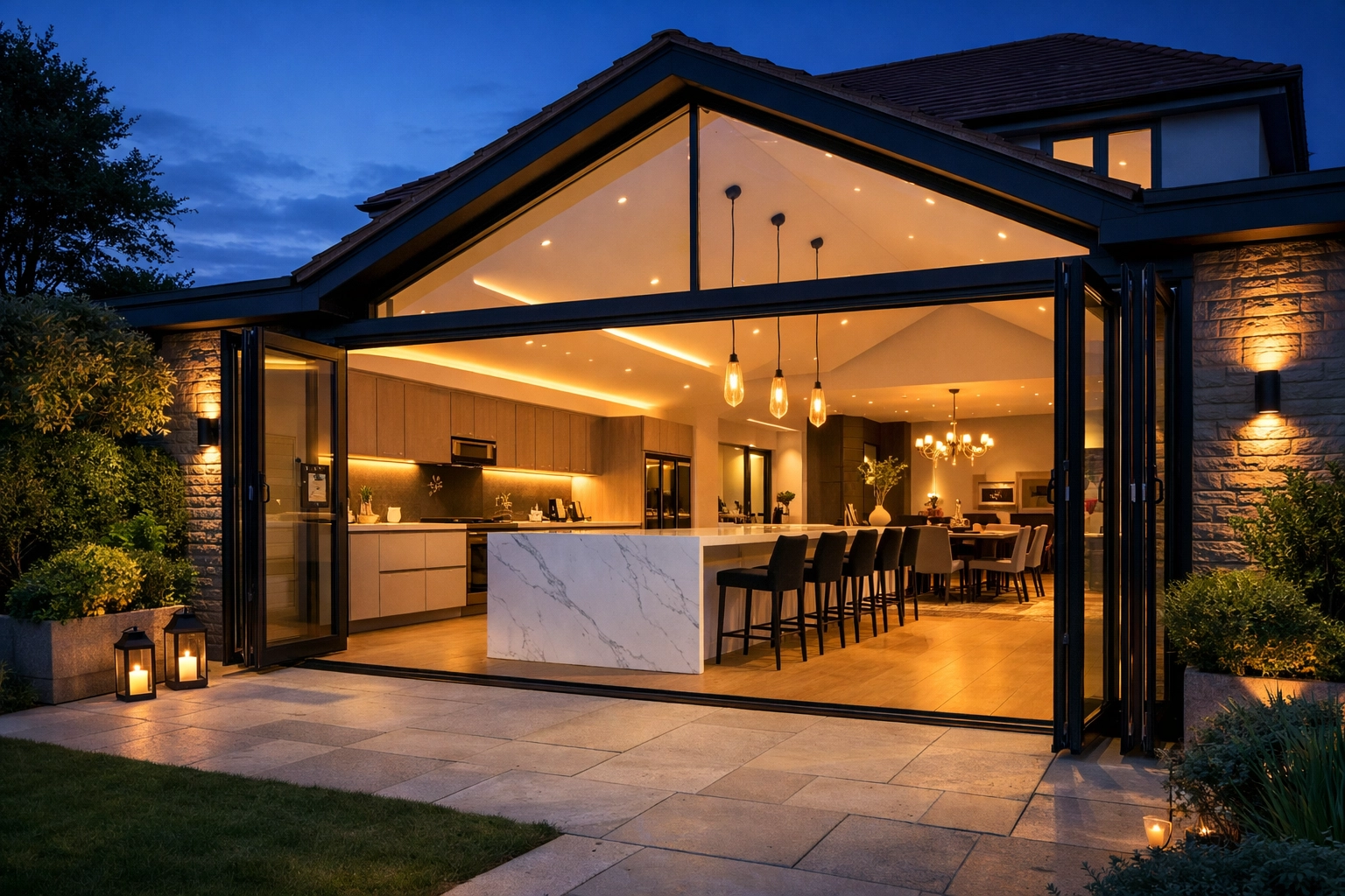 Modern house extension in West Sussex with an open-plan kitchen, bifold doors, and an illuminated garden patio.