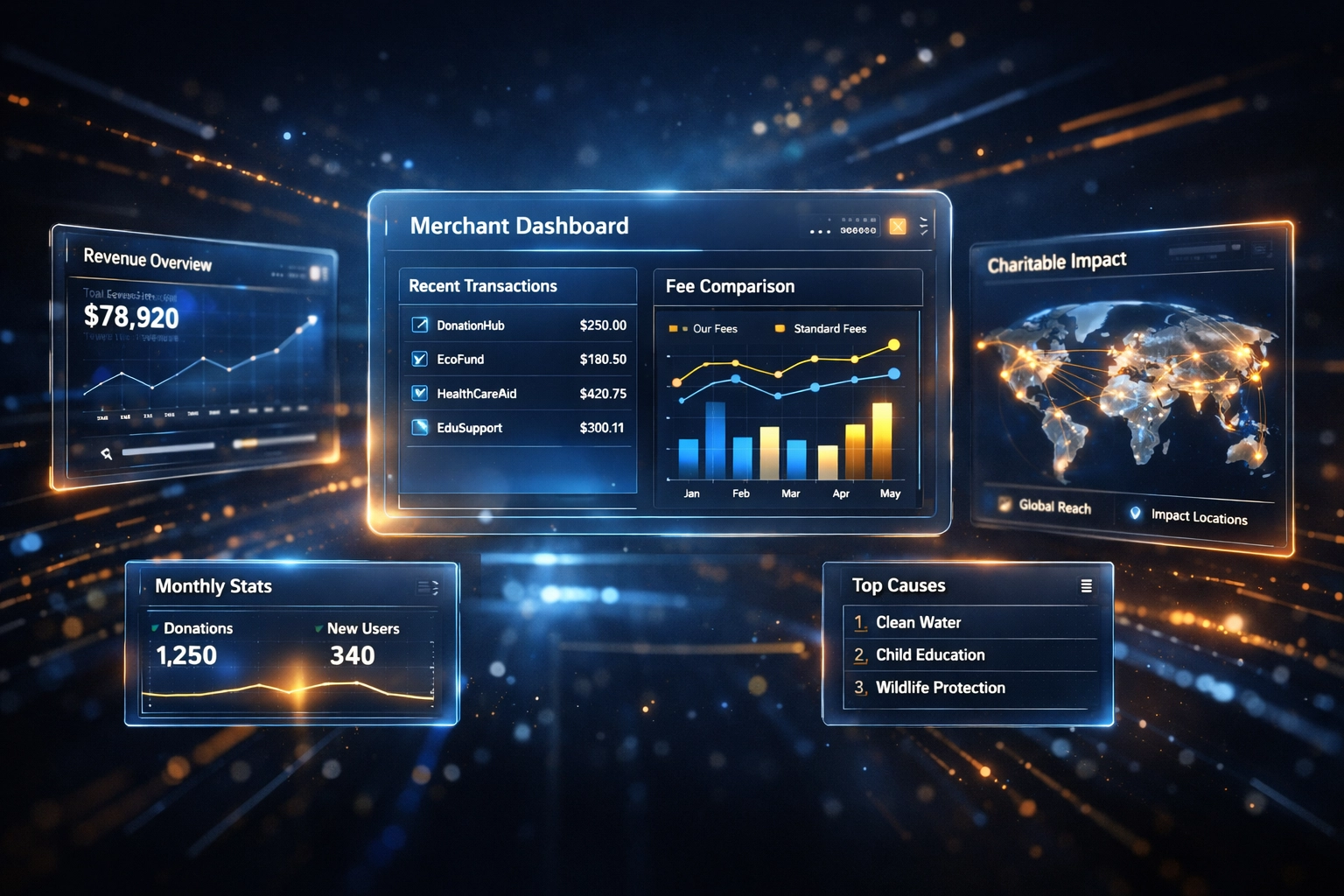 LarePAY merchant dashboard showing fee comparisons and global charitable impact tracking