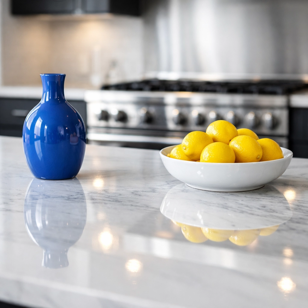 Deep cleaned modern kitchen in Worcester MA featuring a sparkling white marble countertop.