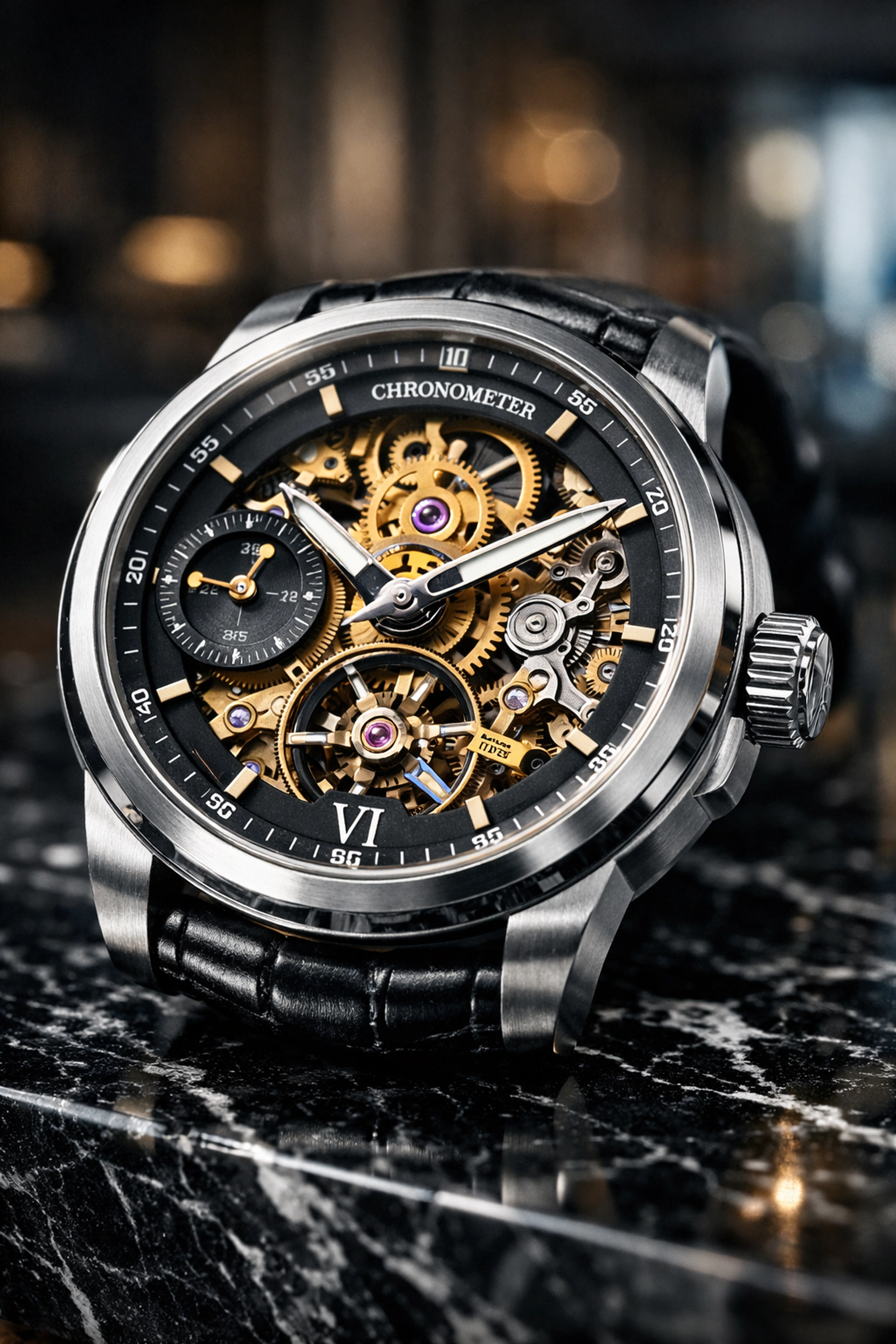 Close-up professional product photography of a luxury watch with elegant lighting in a Miami studio.