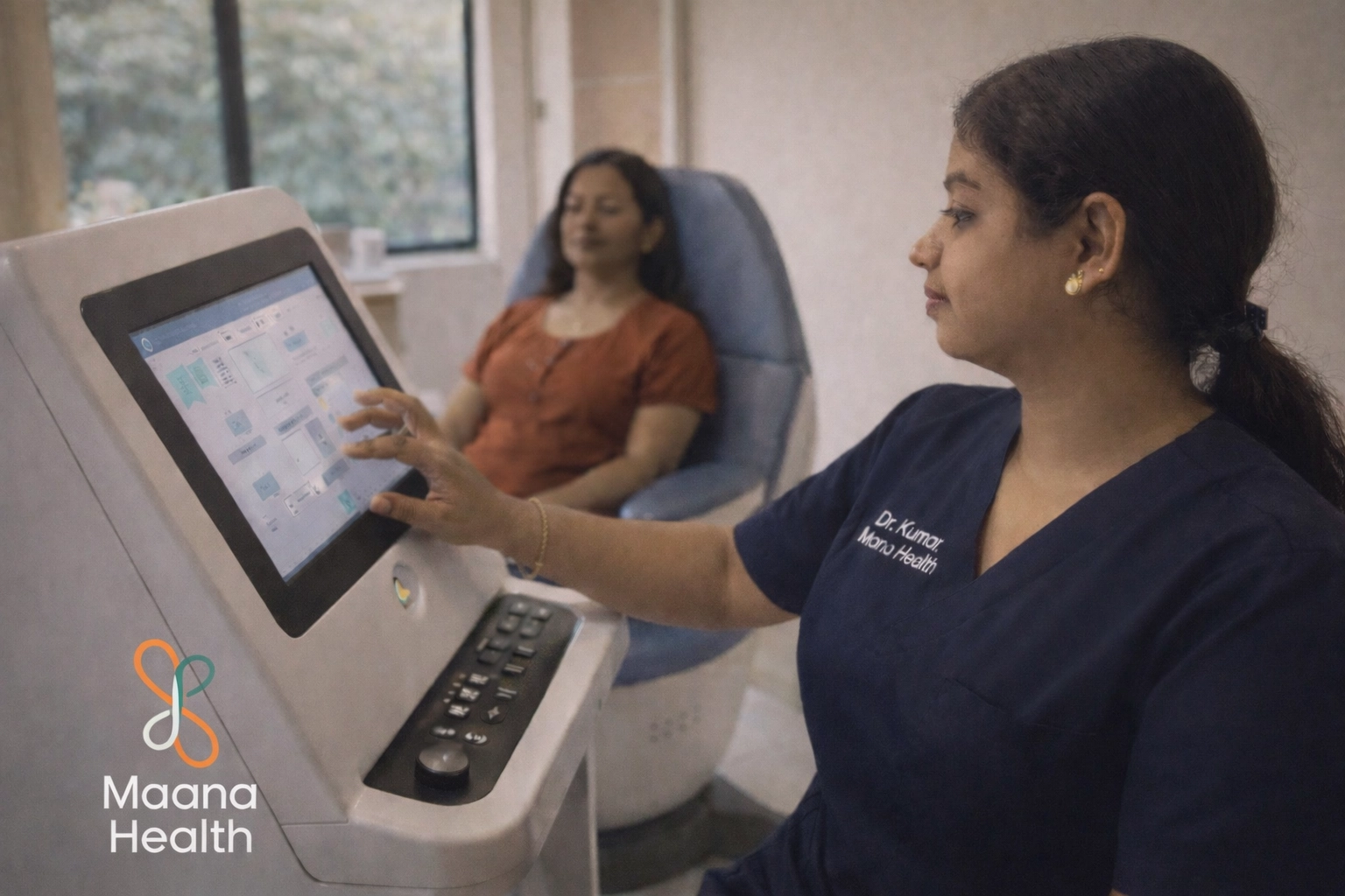 A Maana Health doctor operates an advanced diagnostic device