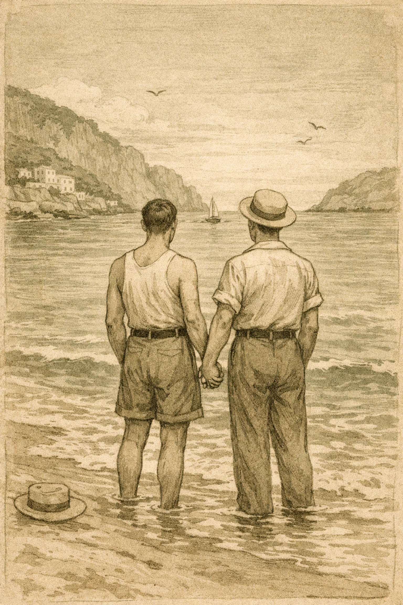 Historical queer couple at Sitges beach in 1930s representing decades of LGBTQ liberation