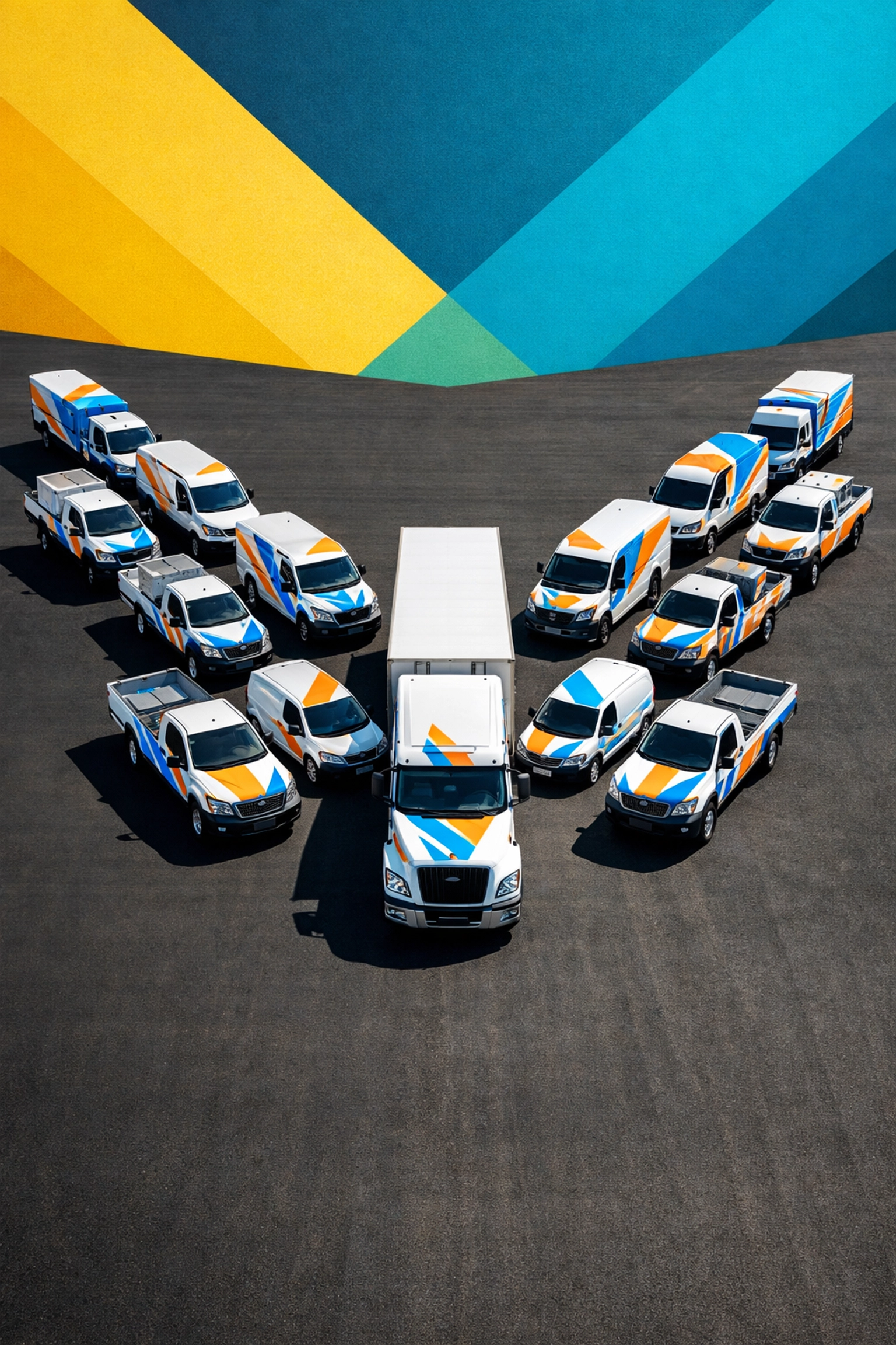 Overhead view of commercial fleet vehicles with matching geometric stripe designs for professional branding