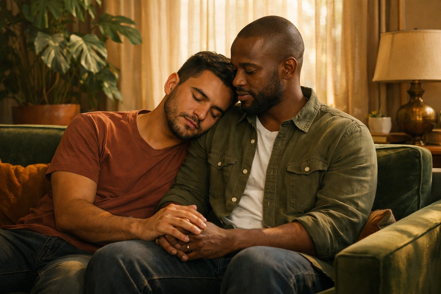 Two diverse gay men provide quiet support and comfort on a sofa, illustrating queer grief and healing.