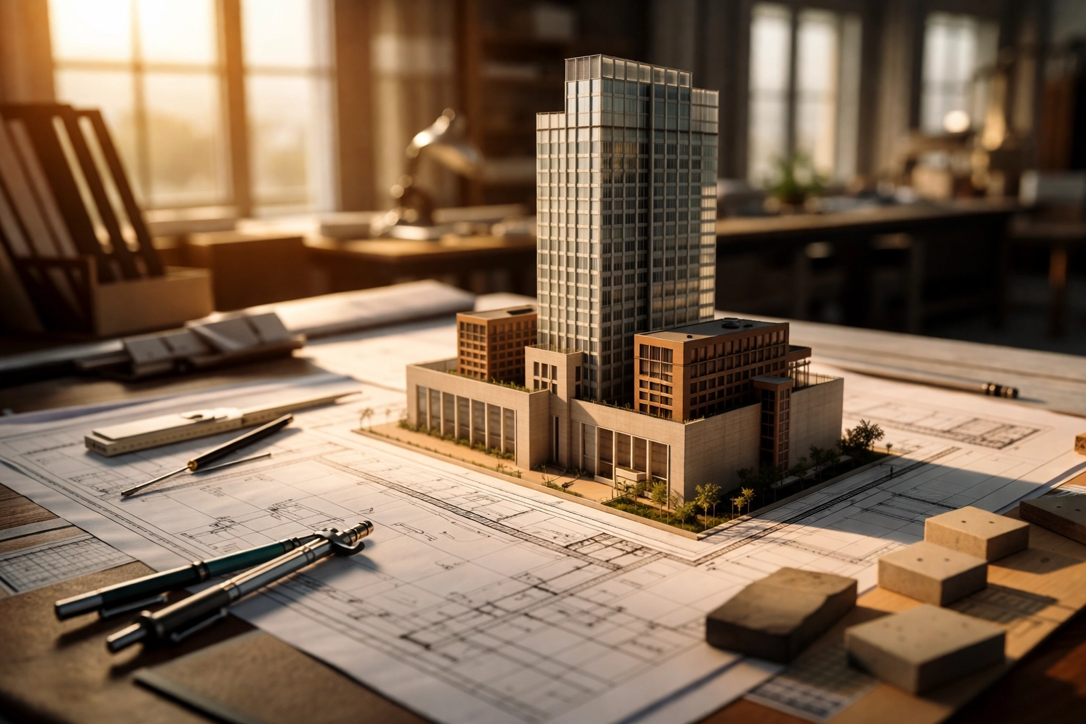 Architect's table with blueprints and model, depicting careful planning for diversified portfolio building