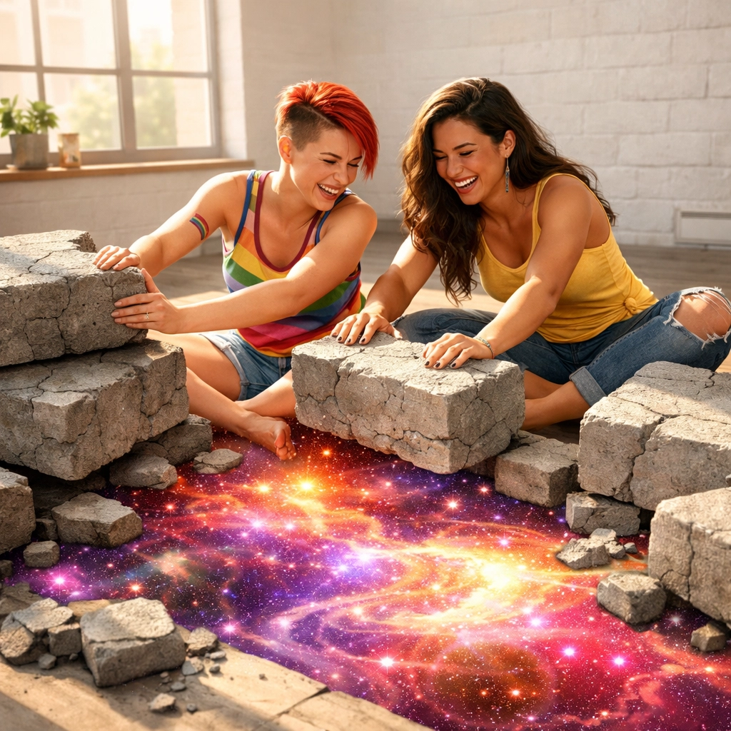 A lesbian couple uncovering a glowing floor, illustrating the spiritual liberation of unlearning toxic narratives.