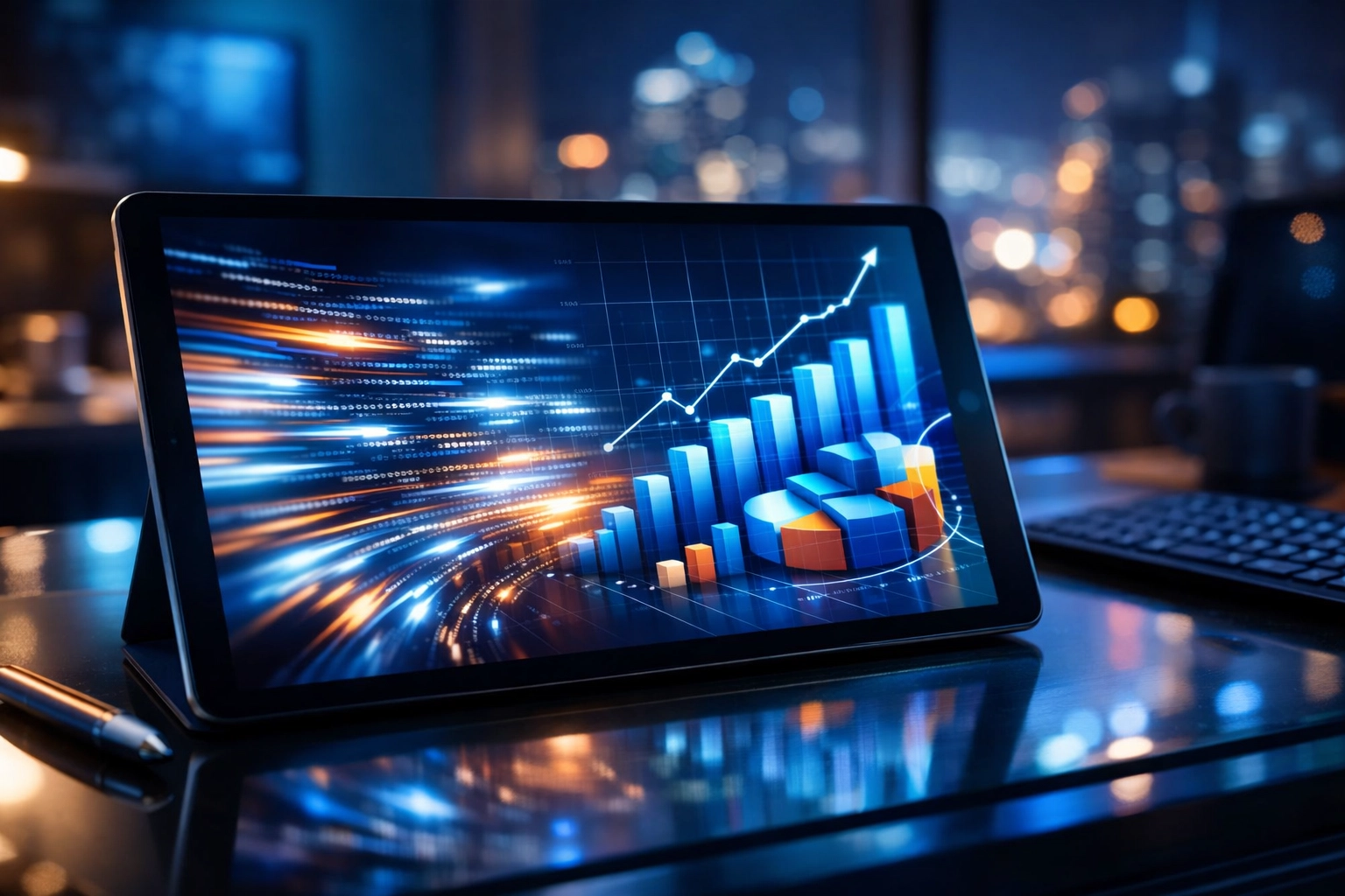 Modern office setup showing high-speed AI data processing and visualization for improved business ROI.