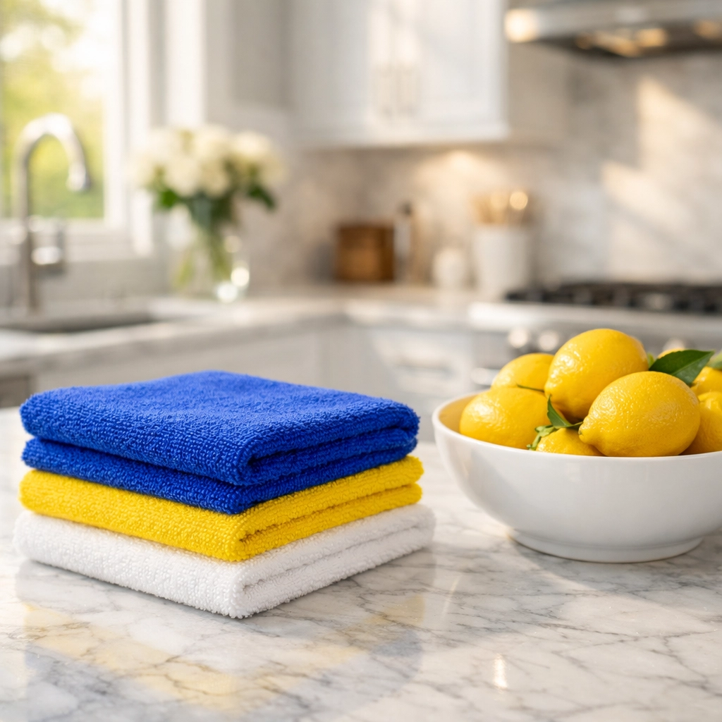 Clean microfiber cloths ready for professional apartment cleaning in a Marlborough kitchen.
