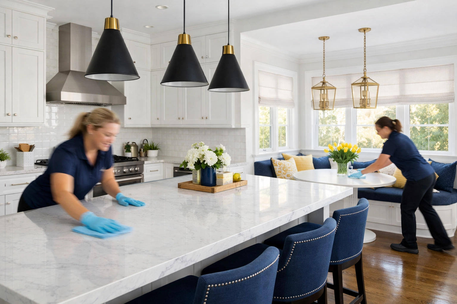 Professional cleaning team efficiently sanitizing a luxury kitchen in Natick, MA.
