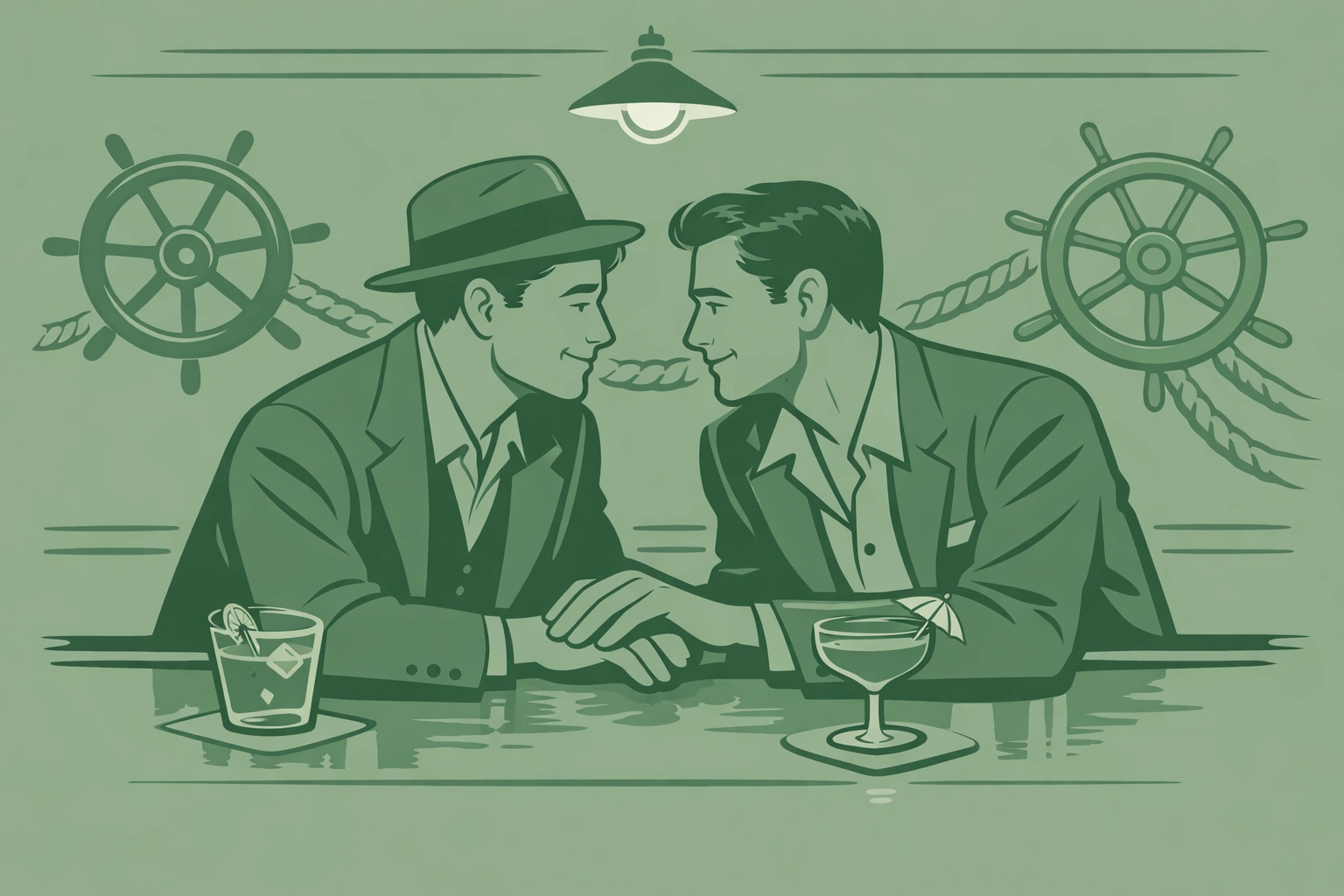 Gay couple at 1950s nautical bar with cocktails - LGBTQ+ bar culture history