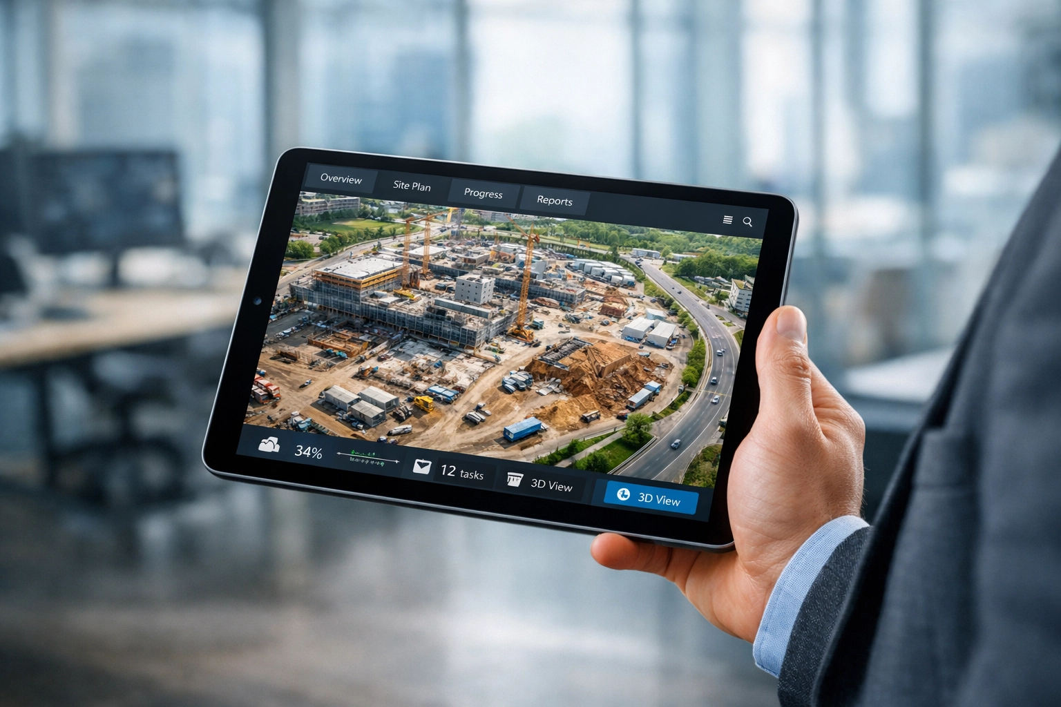 Construction project manager using a tablet to view aerial drone documentation and site progress photos.