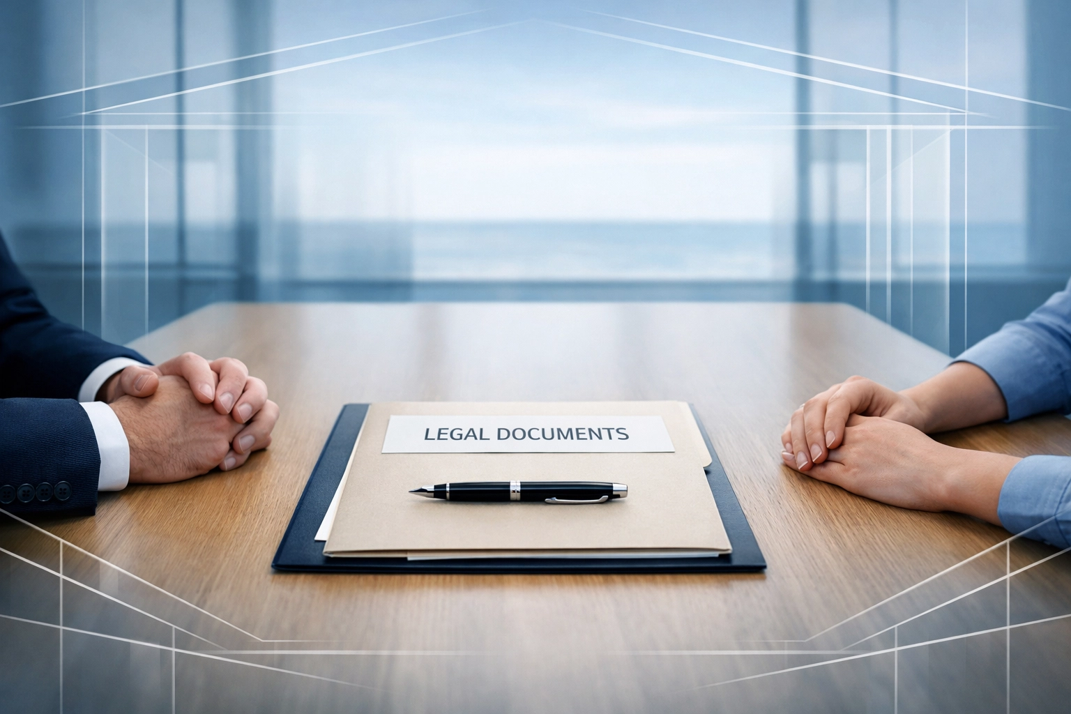 A client and a Virginia Beach custody lawyer discussing legal documents during a professional consultation.