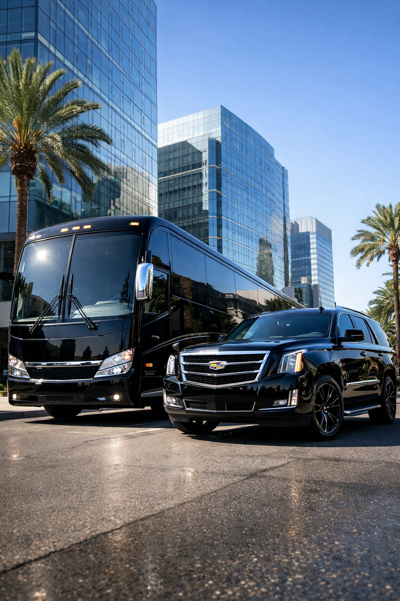 Luxury executive coach and SUV for a Super Bowl corporate branding blitz in a modern city setting.