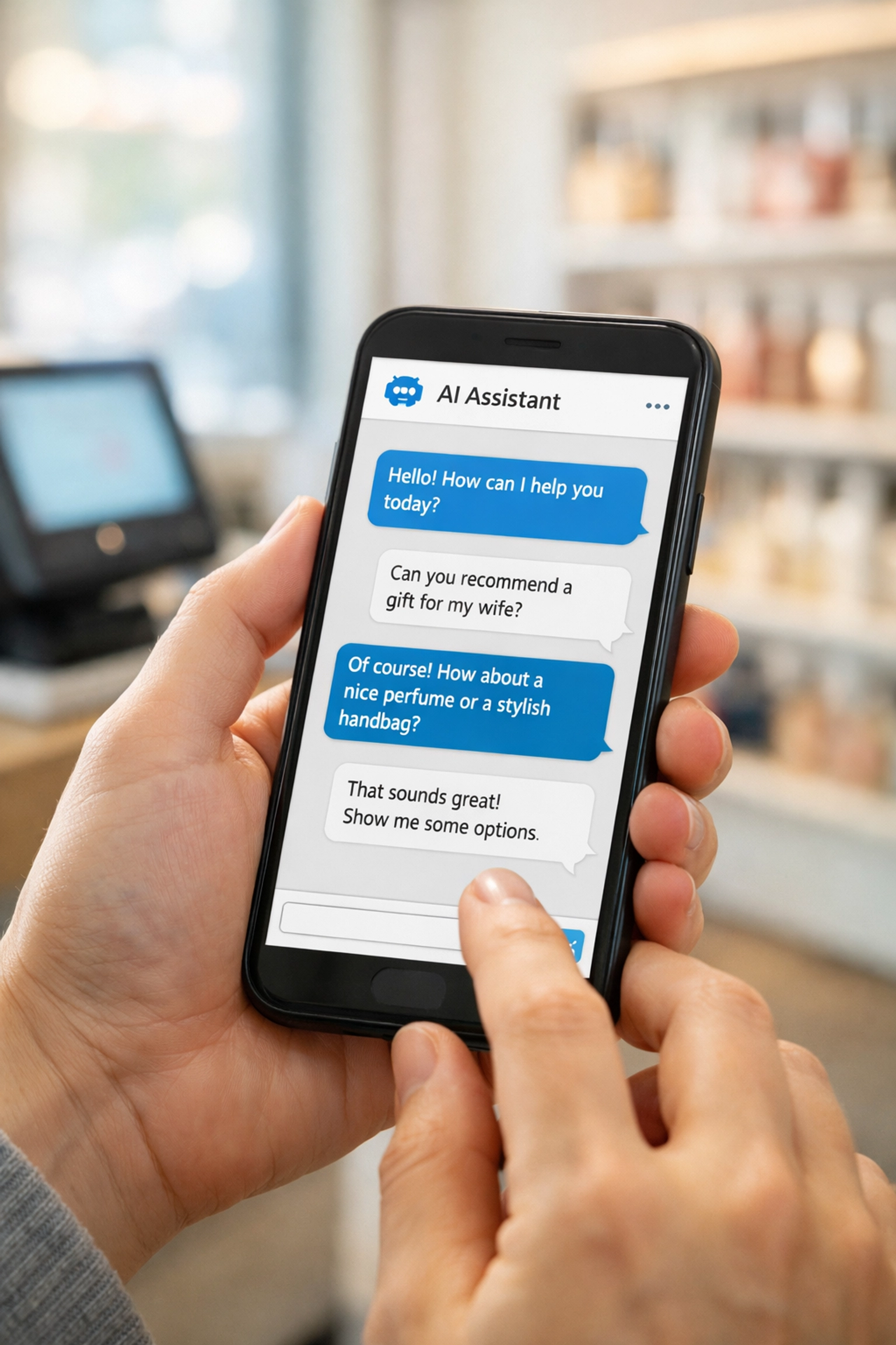 ServiceNow Now Assist AI chat interface on smartphone in retail store setting