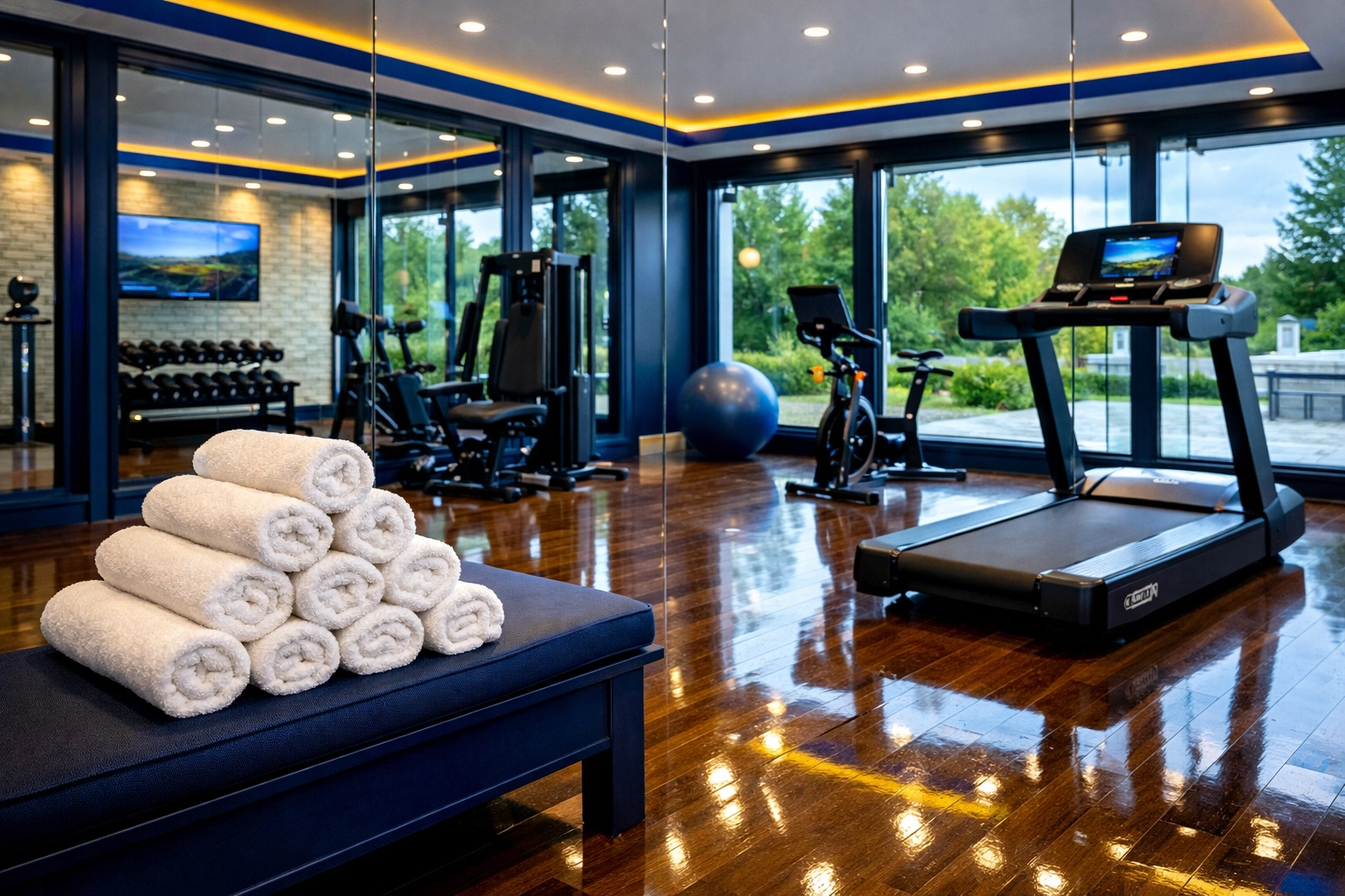 Impeccably clean luxury home gym in a Dover estate, highlighting expert residential cleaning Massachusetts.